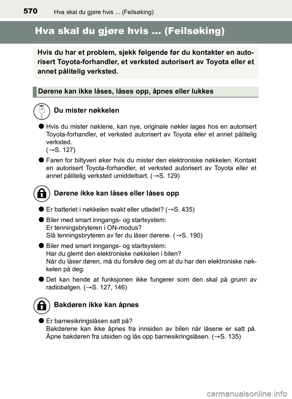 TOYOTA YARIS HATCHBACK 2017 Instruksjoner for bruk (in Norwegian) 570Hva skal du gjøre hvis ... (Feilsøking)
YARIS_HV_OM_Europe_OM52J66NO
Hva skal du gjøre hvis ... (Feilsøking)
lHvis du mister nøklene, kan nye, originale nøkler lages hos en autorisert
Toyota- TOYOTA YARIS HATCHBACK 2017 Instruksjoner for bruk (in Norwegian) 570Hva skal du gjøre hvis ... (Feilsøking)
YARIS_HV_OM_Europe_OM52J66NO
Hva skal du gjøre hvis ... (Feilsøking)
lHvis du mister nøklene, kan nye, originale nøkler lages hos en autorisert
Toyota-