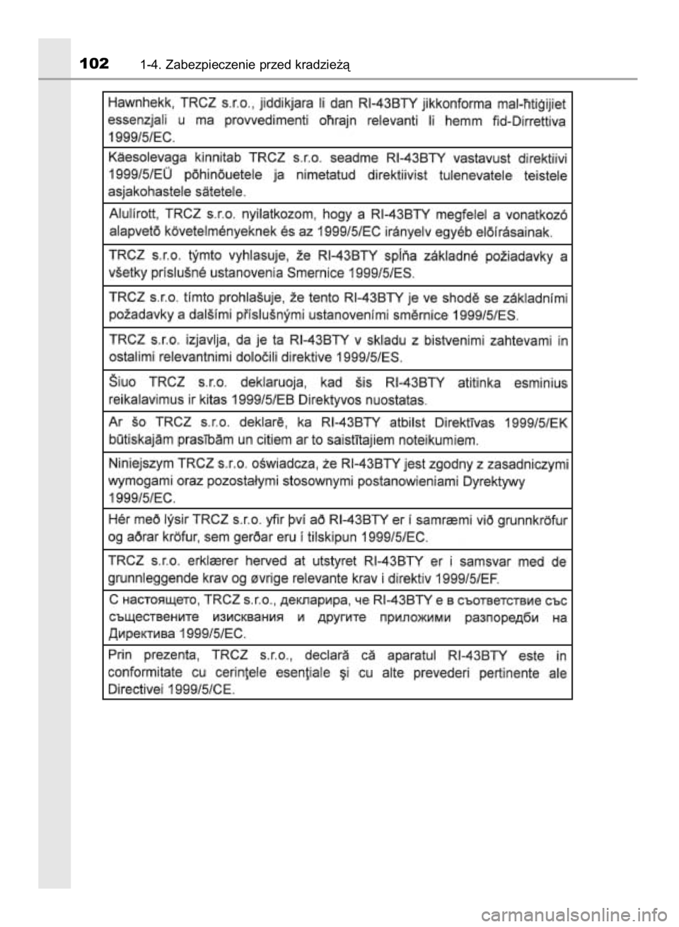 TOYOTA YARIS HATCHBACK 2017  Instrukcja obsługi (in Polish) 1021-4. Zabezpieczenie przed kradzie˝à
33 YARIS HV OM52J66E  10/2/17  11:09 AM  Page 102    (Black plate) 