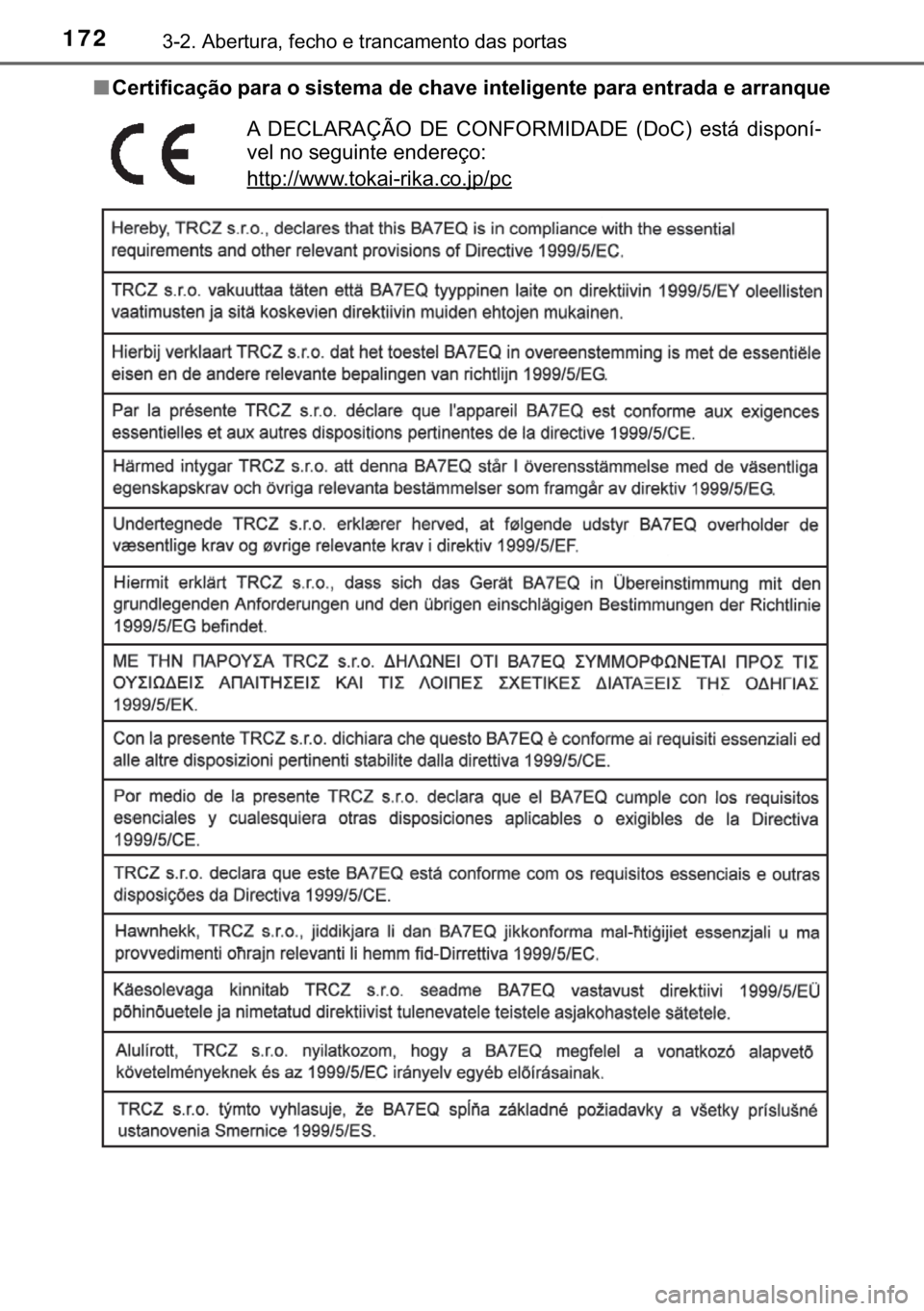 TOYOTA YARIS HATCHBACK 2017  Manual de utilização (in Portuguese) 172������$�E�H�U�W�X�U�D���I�H�F�K�R��H��W�U�D�Q�F�D�P�H�Q�W�R��G�D�V��S�R�U�W�D�V
■�&�H�U�W�L�I�L�F�D�o�m�R��S�D�U�D��R��V�L�V�W�H�P�D��G�H��F�K�D�Y�H��L�Q�W�H�O�L�J�H�Q�W�H��S�D�