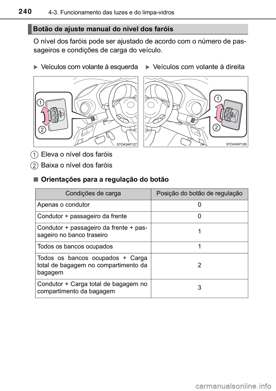 TOYOTA YARIS HATCHBACK 2017  Manual de utilização (in Portuguese) 240������)�X�Q�F�L�R�Q�D�P�H�Q�W�R��G�D�V��O�X�]�H�V��H��G�R��O�L�P�S�D��Y�L�G�U�R�V
�2��Q�t�Y�H�O��G�R�V��I�D�U�y�L�V��S�R�G�H��V�H�U��D�M�X�V�W�D�G�R��G�H��D�F�R�U�G�R��F�R�P��R