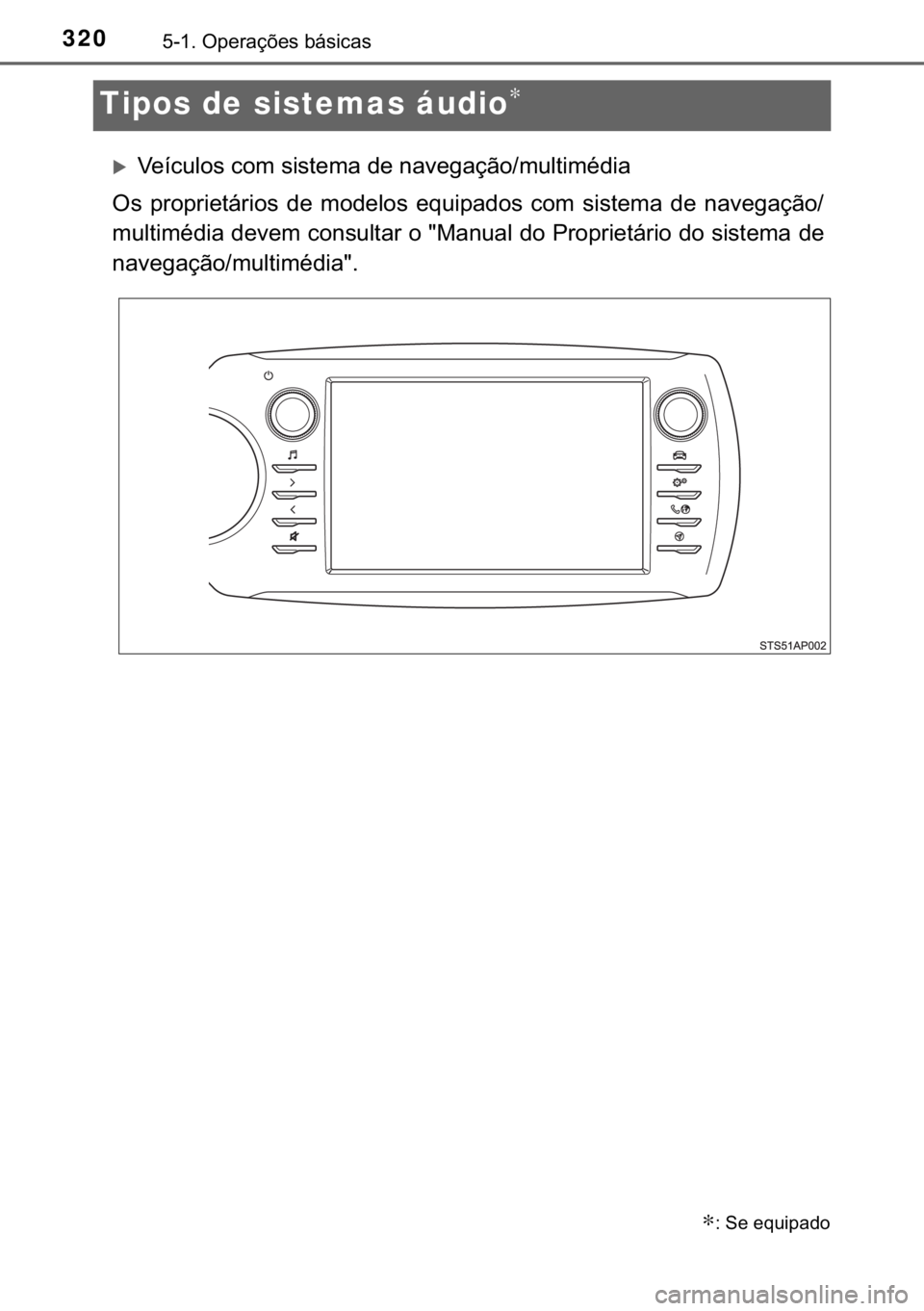 TOYOTA YARIS HATCHBACK 2017  Manual de utilização (in Portuguese) 320������2�S�H�U�D�o�}�H�V��E�i�V�L�F�D�V
Tipos de sistemas áudio∗
�X�9�H�t�F�X�O�R�V��F�R�P��V�L�V�W�H�P�D��G�H��Q�D�Y�H�J�D�o�m�R��P�X�O�W�L�P�p�G�L�D
�2�V� �S�U�R�S�U�L�H�W�i�U�L�R�V