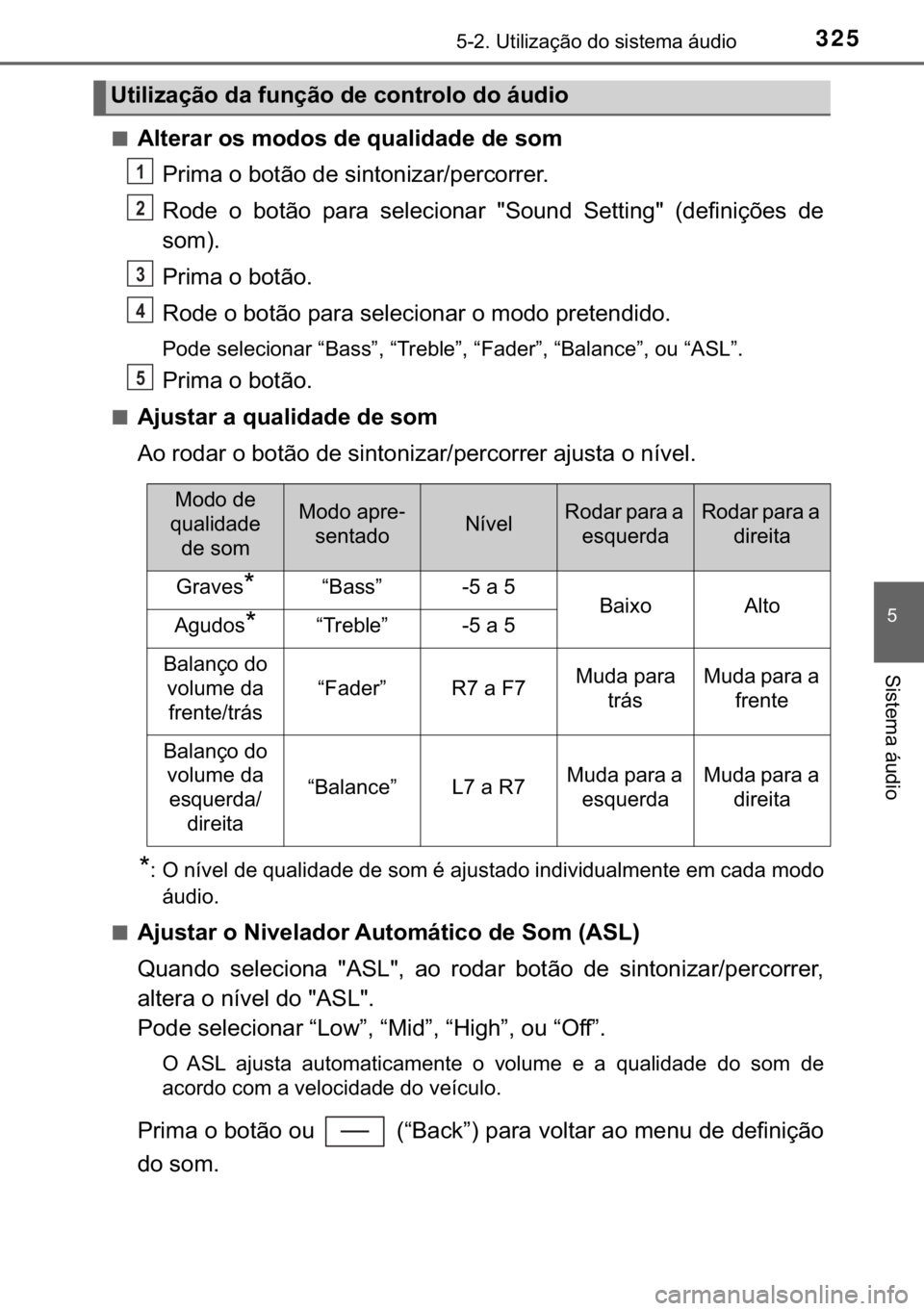 TOYOTA YARIS HATCHBACK 2017  Manual de utilização (in Portuguese) 325������8�W�L�O�L�]�D�o�m�R��G�R��V�L�V�W�H�P�D��i�X�G�L�R
�
�6�L�V�W�H�P�D��i�X�G�L�R
■�$�O�W�H�U�D�U��R�V��P�R�G�R�V��G�H��T�X�D�O�L�G�D�G�H��G�H��V�R�P
�3�U�L�P�D��R��E�R�W�m�R