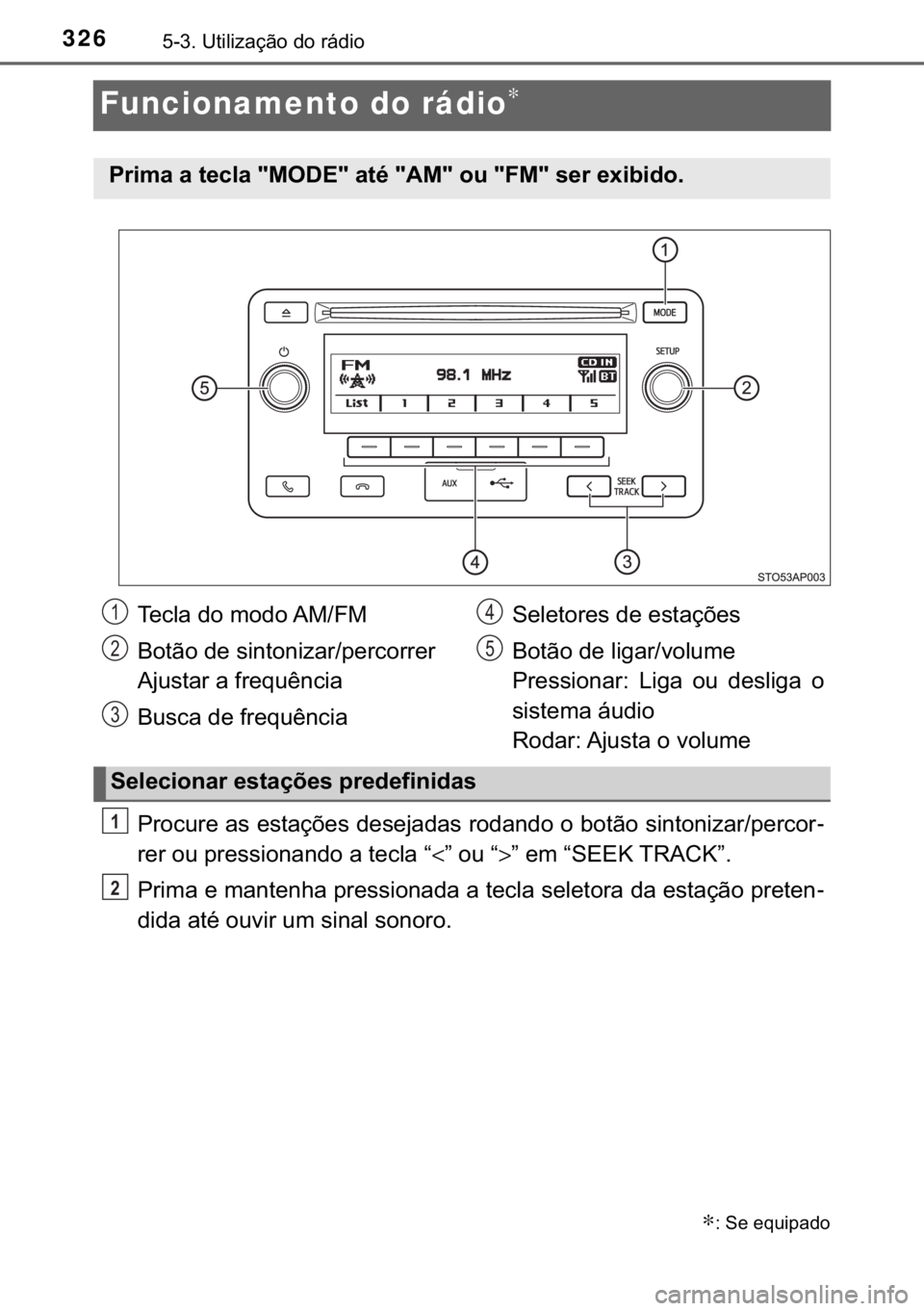 TOYOTA YARIS HATCHBACK 2017  Manual de utilização (in Portuguese) 326������8�W�L�O�L�]�D�o�m�R��G�R��U�i�G�L�R
Funcionamento do rádio∗
�3�U�R�F�X�U�H��D�V��H�V�W�D�o�}�H�V��G�H�V�H�M�D�G�D�V��U�R�G�D�Q�G�R��R��E�R�W�m�R��V�L�Q�W�R�Q�L�]�D�U��S�H�U�