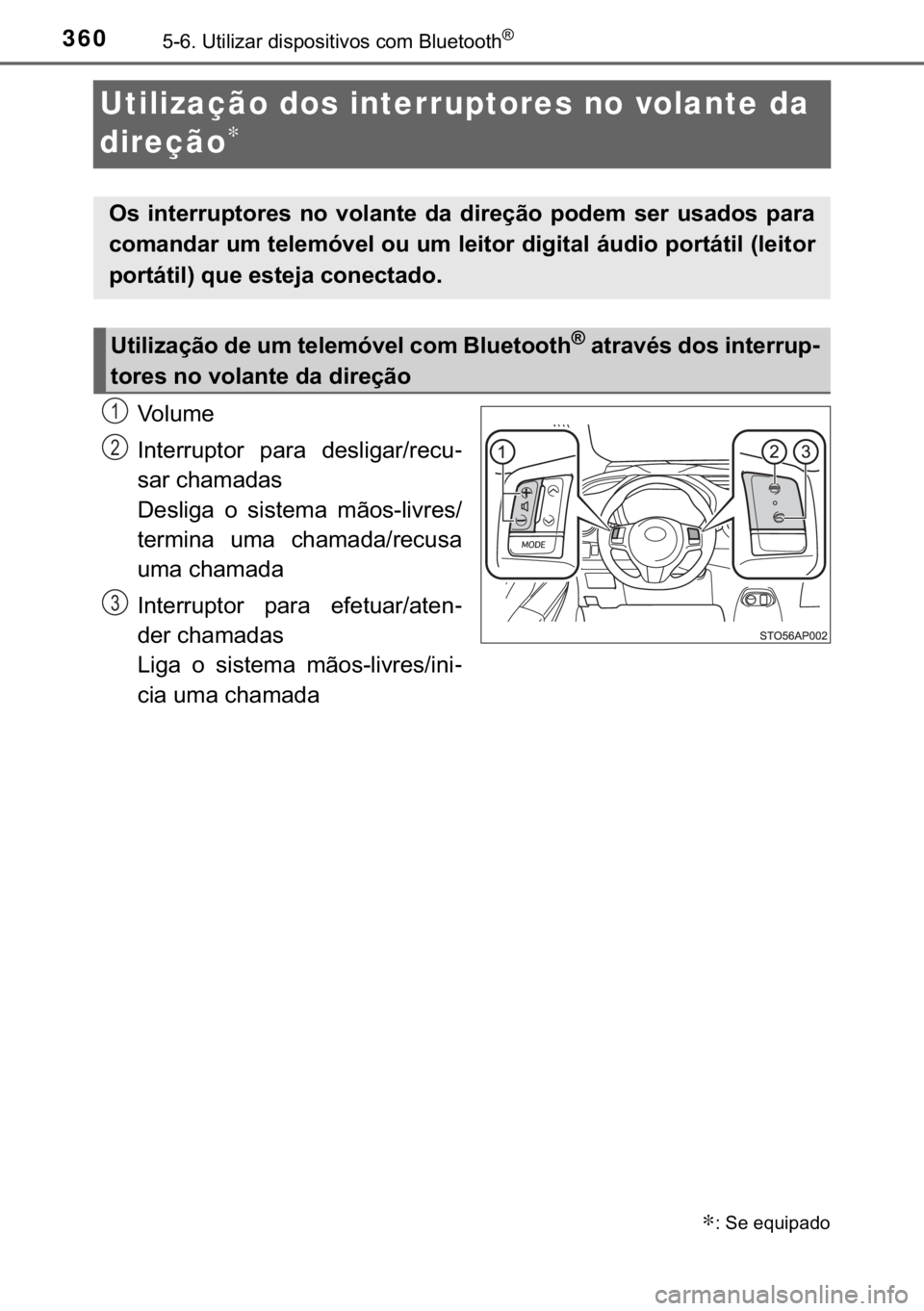 TOYOTA YARIS HATCHBACK 2017  Manual de utilização (in Portuguese) 360������8�W�L�O�L�]�D�U��G�L�V�S�R�V�L�W�L�Y�R�V��F�R�P��%�O�X�H�W�R�R�W�K�Š
Utilização dos interruptores no volante da 
direção
∗
�9�R �O �X �P �H
�,�Q�W�H�U�U�X�S�W�R�U� �S�D�U�D� 