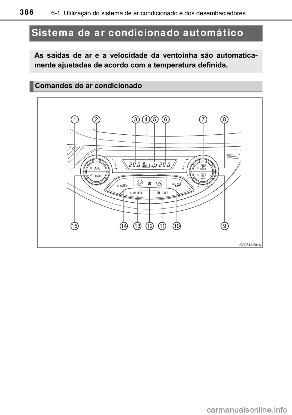 TOYOTA YARIS HATCHBACK 2017  Manual de utilização (in Portuguese) 386������8�W�L�O�L�]�D�o�m�R��G�R��V�L�V�W�H�P�D��G�H��D�U��F�R�Q�G�L�F�L�R�Q�D�G�R��H��G�R�V��G�H�V�H�P�E�D�F�L�D�G�R�U�H�V
Sistema de ar condicionado automático
�$�V� �V�D�t�G�D�V� �