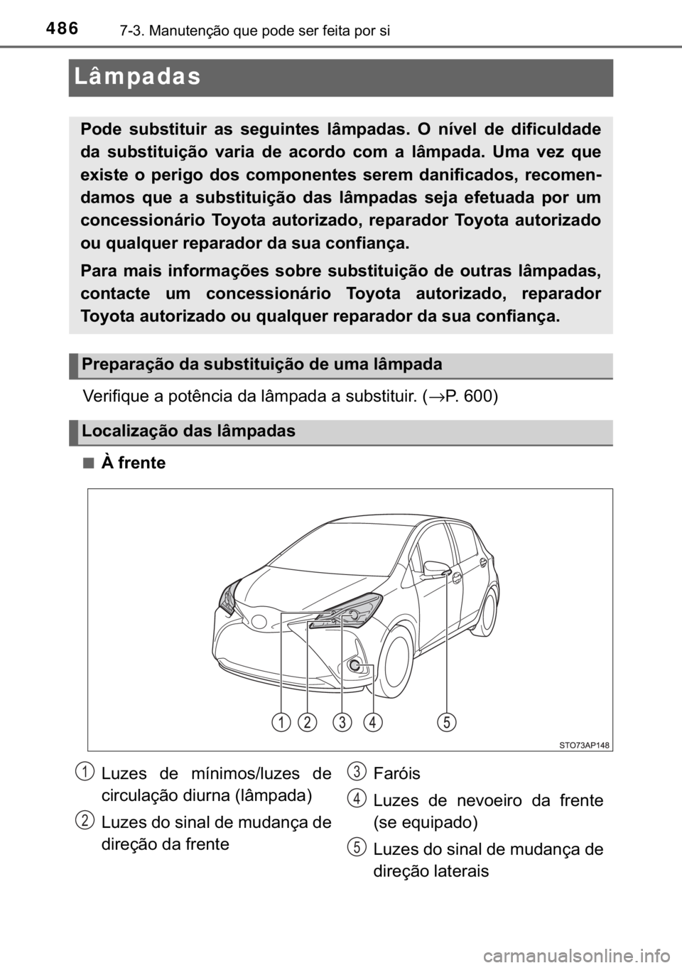 TOYOTA YARIS HATCHBACK 2017  Manual de utilização (in Portuguese) 486������0�D�Q�X�W�H�Q�o�m�R��T�X�H��S�R�G�H��V�H�U��I�H�L�W�D��S�R�U��V�L
Lâmpadas
�9�H�U�L�I�L�T�X�H��D��S�R�W�r�Q�F�L�D��G�D��O�k�P�S�D�G�D��D��V�X�E�V�W�L�W�X�L�U���→�3���