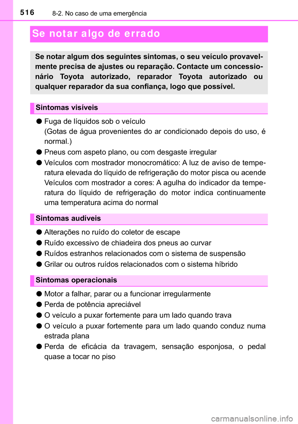 TOYOTA YARIS HATCHBACK 2017  Manual de utilização (in Portuguese) 516������1�R��F�D�V�R��G�H��X�P�D��H�P�H�U�J�r�Q�F�L�D
Se notar algo de errado
●�)�X�J�D��G�H��O�t�T�X�L�G�R�V��V�R�E��R��Y�H�t�F�X�O�R
��*�R�W�D�V��G�H��i�J�X�D��S�U�R�Y�H�Q�L�H�Q