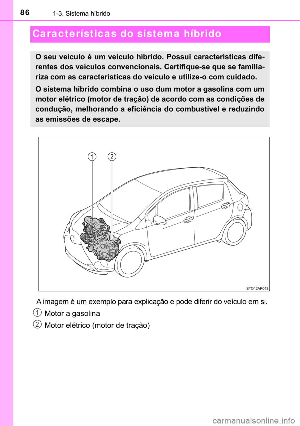 TOYOTA YARIS HATCHBACK 2017  Manual de utilização (in Portuguese) 86������6�L�V�W�H�P�D��K�t�E�U�L�G�R
Características do sistema híbrido
�$��L�P�D�J�H�P��p��X�P��H�[�H�P�S�O�R��S�D�U�D��H�[�S�O�L�F�D�o�m�R��H��S�R�G�H��G�L�I�H�U�L�U��G�R��Y�H�t�F