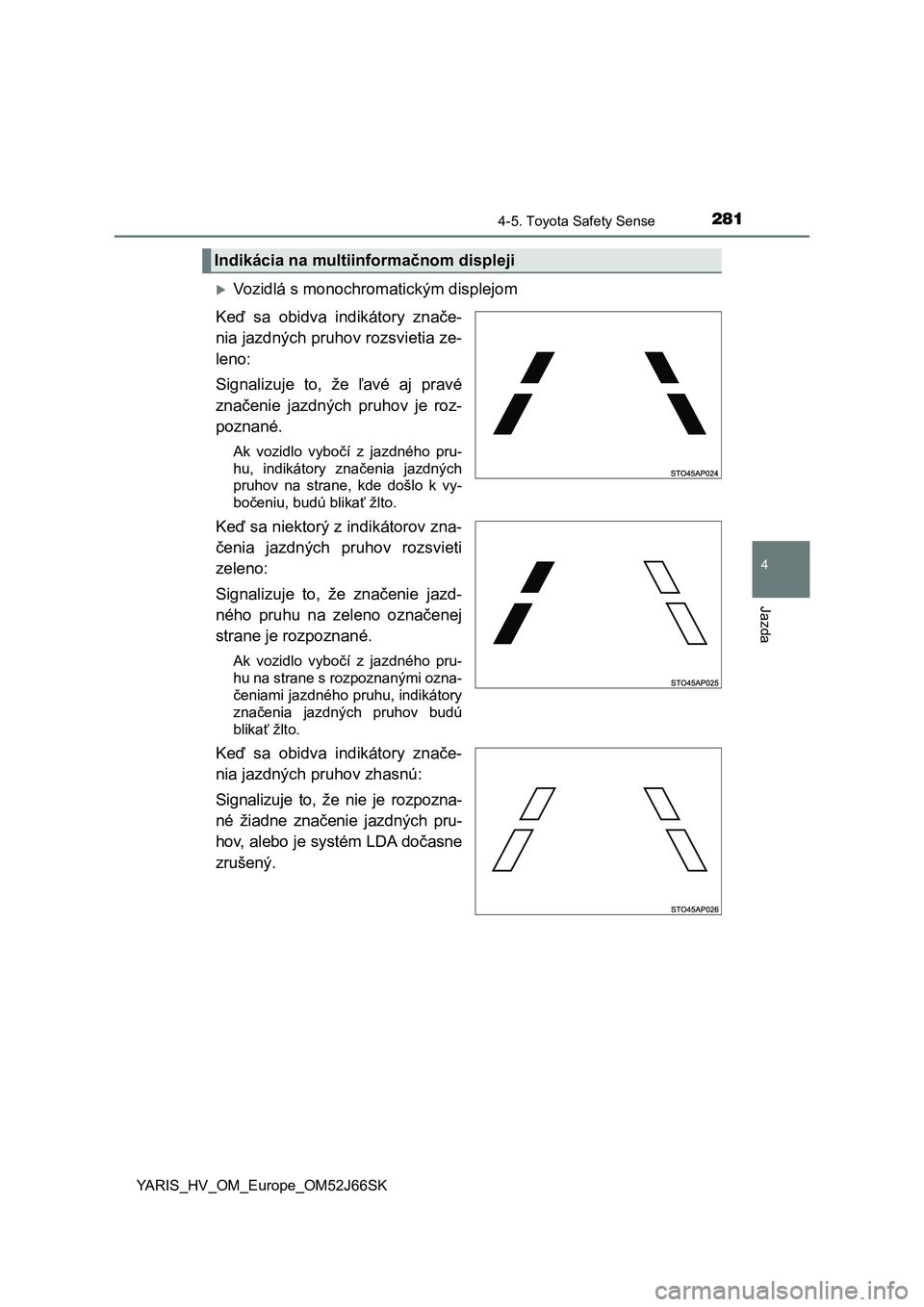 TOYOTA YARIS HATCHBACK 2017 Návod na použitie (in Slovakian) 2814-5. Toyota Safety Sense
4
Jazda
YARIS_HV_OM_Europe_OM52J66SK
Vozidlá s monochromatickým displejom
Keď sa obidva indikátory znače-
nia jazdných pruhov rozsvietia ze-
leno:
Signalizuje TOYOTA YARIS HATCHBACK 2017 Návod na použitie (in Slovakian) 2814-5. Toyota Safety Sense
4
Jazda
YARIS_HV_OM_Europe_OM52J66SK
Vozidlá s monochromatickým displejom
Keď sa obidva indikátory znače-
nia jazdných pruhov rozsvietia ze-
leno:
Signalizuje