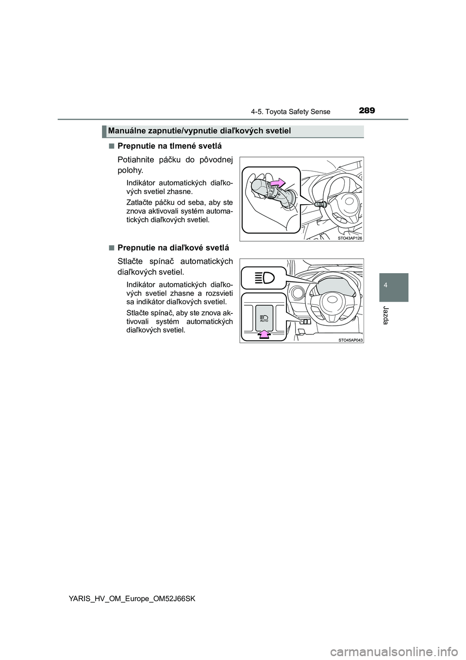 TOYOTA YARIS HATCHBACK 2017 Návod na použitie (in Slovakian) 2894-5. Toyota Safety Sense
4
Jazda
YARIS_HV_OM_Europe_OM52J66SK■
Prepnutie na tlmené svetlá
Potiahnite páčku do pôvodnej
polohy.
Indikátor automatických diaľko-
vých svetiel zhasne.
Z TOYOTA YARIS HATCHBACK 2017 Návod na použitie (in Slovakian) 2894-5. Toyota Safety Sense
4
Jazda
YARIS_HV_OM_Europe_OM52J66SK■
Prepnutie na tlmené svetlá
Potiahnite páčku do pôvodnej
polohy.
Indikátor automatických diaľko-
vých svetiel zhasne.
Z