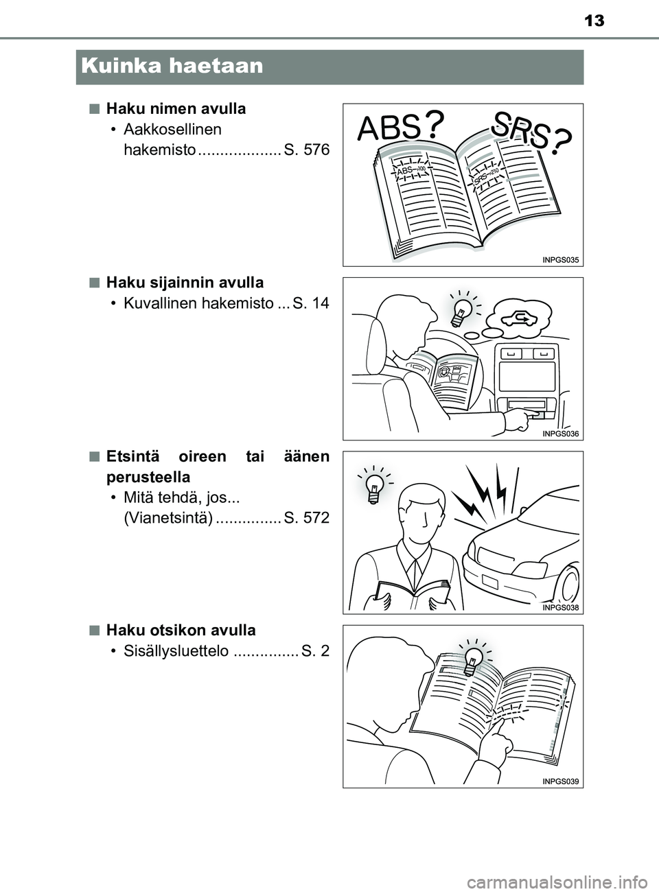 TOYOTA YARIS HATCHBACK 2017  Omistajan Käsikirja (in Finnish) 13
YARIS_HV_OM_Europe_OM52J66FI
Kuinka haetaan
nHaku nimen avulla• Aakkosellinen  hakemisto ................... S. 576
nHaku sijainnin avulla• Kuvallinen hakemisto ... S. 14
nEtsintä oireen tai 