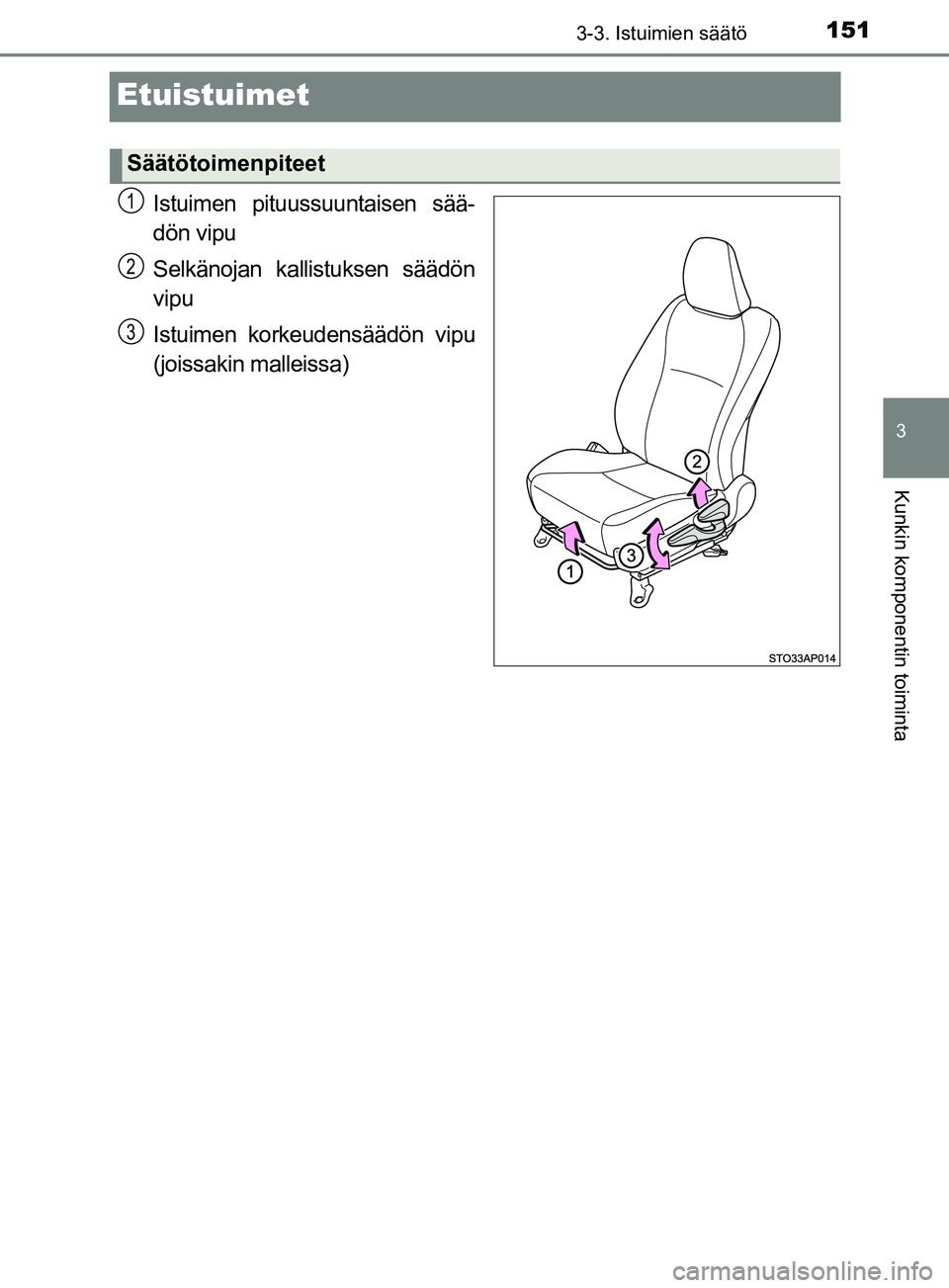 TOYOTA YARIS HATCHBACK 2017 Omistajan Käsikirja (in Finnish) 151
3
3-3. Istuimien säätö
Kunkin komponentin toiminta
YARIS_HV_OM_Europe_OM52J66FI
Etuistuimet
Istuimen pituussuuntaisen sää-
dön vipu
Selkänojan kallistuksen säädön
vipu
Istuimen korkeuden TOYOTA YARIS HATCHBACK 2017 Omistajan Käsikirja (in Finnish) 151
3
3-3. Istuimien säätö
Kunkin komponentin toiminta
YARIS_HV_OM_Europe_OM52J66FI
Etuistuimet
Istuimen pituussuuntaisen sää-
dön vipu
Selkänojan kallistuksen säädön
vipu
Istuimen korkeuden