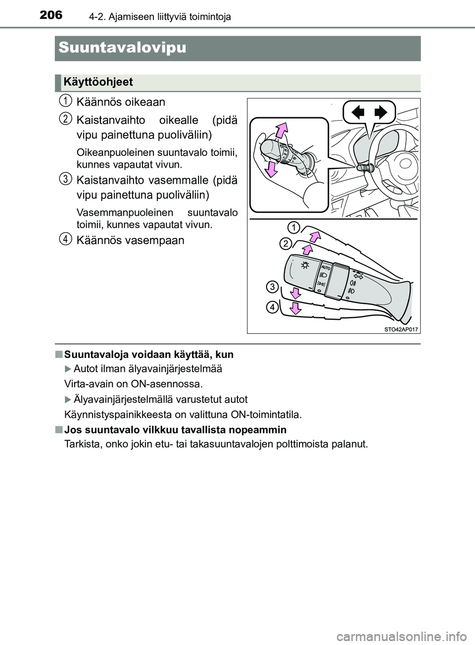 TOYOTA YARIS HATCHBACK 2017 Omistajan Käsikirja (in Finnish) 2064-2. Ajamiseen liittyviä toimintoja
YARIS_HV_OM_Europe_OM52J66FI
Suuntavalovipu
Käännös oikeaan
Kaistanvaihto oikealle (pidä
vipu painettuna puoliväliin)
Oikeanpuoleinen suuntavalo toimii,
ku TOYOTA YARIS HATCHBACK 2017 Omistajan Käsikirja (in Finnish) 2064-2. Ajamiseen liittyviä toimintoja
YARIS_HV_OM_Europe_OM52J66FI
Suuntavalovipu
Käännös oikeaan
Kaistanvaihto oikealle (pidä
vipu painettuna puoliväliin)
Oikeanpuoleinen suuntavalo toimii,
ku