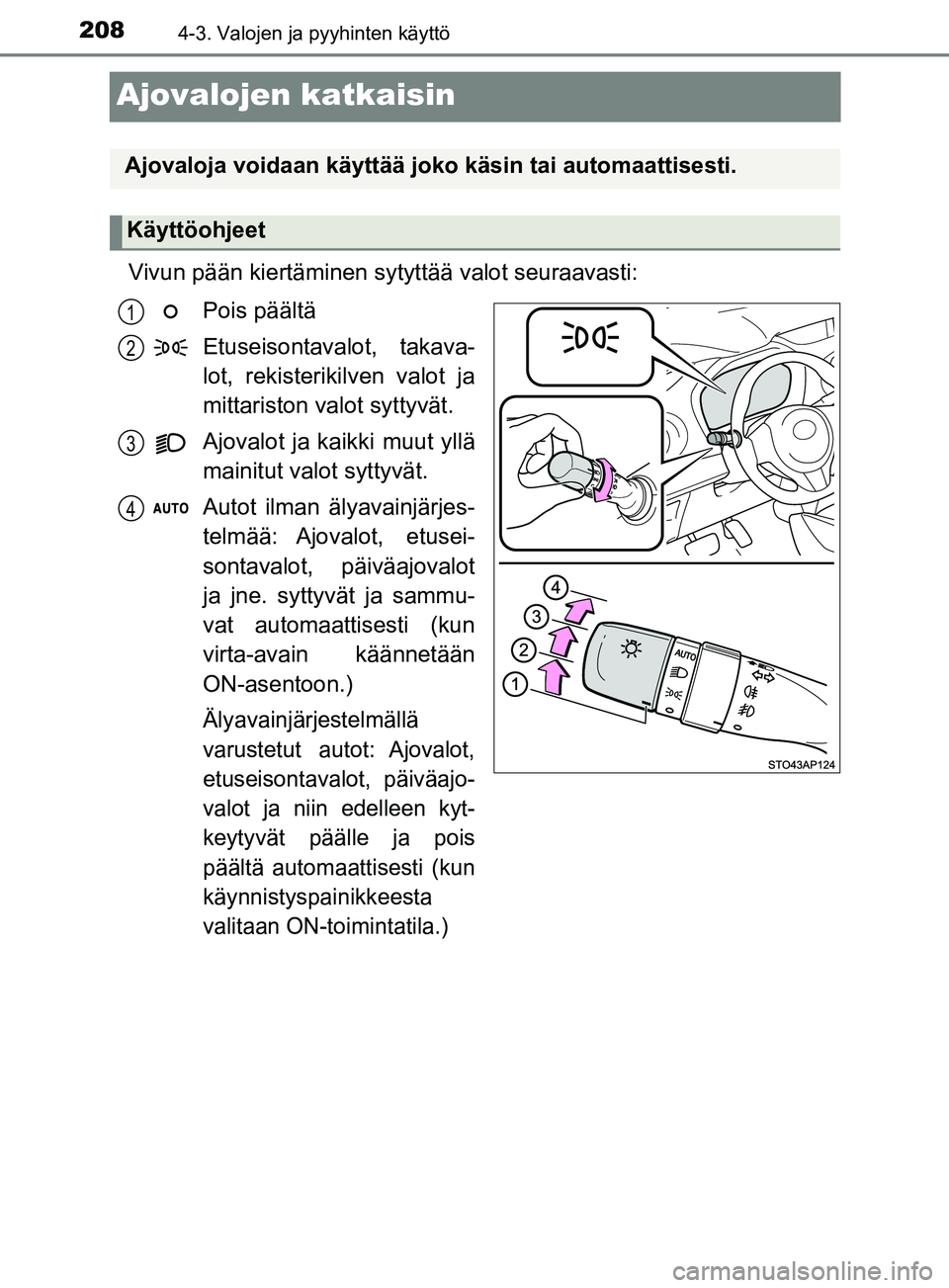 TOYOTA YARIS HATCHBACK 2017 Omistajan Käsikirja (in Finnish) 2084-3. Valojen ja pyyhinten käyttö
YARIS_HV_OM_Europe_OM52J66FI
Ajovalojen katkaisin
Vivun pään kiertäminen sytyttää valot seuraavasti:Pois päältä
Etuseisontavalot, takava-
lot, rekisteriki TOYOTA YARIS HATCHBACK 2017 Omistajan Käsikirja (in Finnish) 2084-3. Valojen ja pyyhinten käyttö
YARIS_HV_OM_Europe_OM52J66FI
Ajovalojen katkaisin
Vivun pään kiertäminen sytyttää valot seuraavasti:Pois päältä
Etuseisontavalot, takava-
lot, rekisteriki