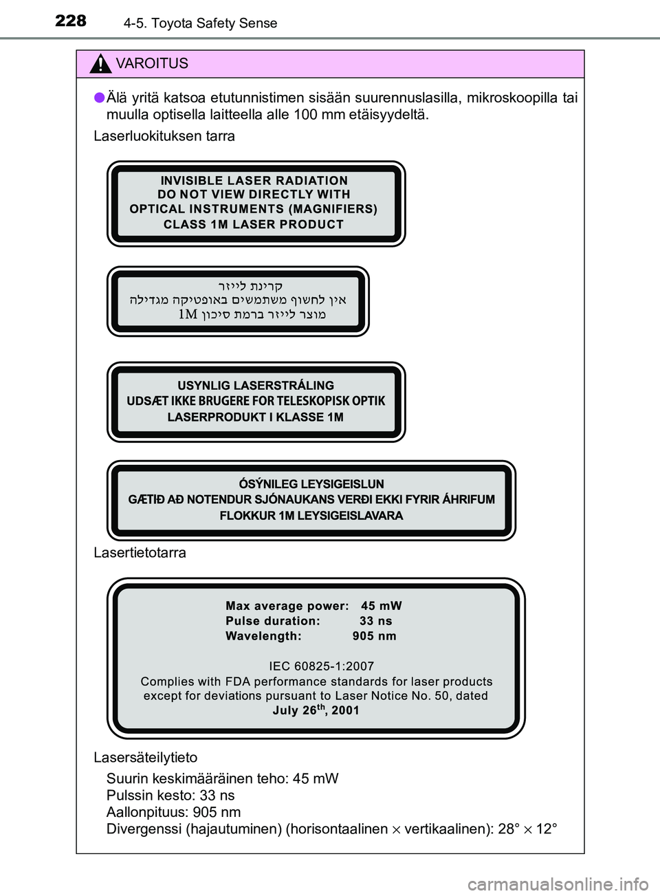 TOYOTA YARIS HATCHBACK 2017 Omistajan Käsikirja (in Finnish) 2284-5. Toyota Safety Sense
YARIS_HV_OM_Europe_OM52J66FI
VAROITUS
l Älä yritä katsoa etutunnistimen sisään suurennuslasilla, \
mikroskoopilla tai
muulla optisella laitteella alle 100 mm etäisyyd TOYOTA YARIS HATCHBACK 2017 Omistajan Käsikirja (in Finnish) 2284-5. Toyota Safety Sense
YARIS_HV_OM_Europe_OM52J66FI
VAROITUS
l Älä yritä katsoa etutunnistimen sisään suurennuslasilla, \
mikroskoopilla tai
muulla optisella laitteella alle 100 mm etäisyyd
