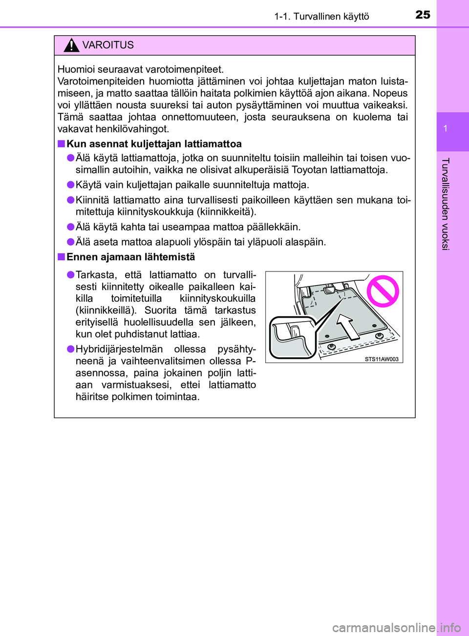 TOYOTA YARIS HATCHBACK 2017 Omistajan Käsikirja (in Finnish) 251-1. Turvallinen käyttö
1
Turvallisuuden vuoksi
YARIS_HV_OM_Europe_OM52J66FI
VAROITUS
Huomioi seuraavat varotoimenpiteet.
Varotoimenpiteiden huomiotta jättäminen voi johtaa kuljettajan maton lu TOYOTA YARIS HATCHBACK 2017 Omistajan Käsikirja (in Finnish) 251-1. Turvallinen käyttö
1
Turvallisuuden vuoksi
YARIS_HV_OM_Europe_OM52J66FI
VAROITUS
Huomioi seuraavat varotoimenpiteet.
Varotoimenpiteiden huomiotta jättäminen voi johtaa kuljettajan maton lu