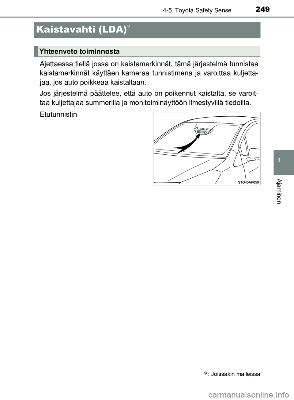 TOYOTA YARIS HATCHBACK 2017 Omistajan Käsikirja (in Finnish) 249
4
4-5. Toyota Safety Sense
Ajaminen
YARIS_HV_OM_Europe_OM52J66FI
Kaistavahti (LDA)∗
Ajettaessa tiellä jossa on kaistamerkinnät, tämä järjestelmä tunnistaa
kaistamerkinnät käyttäen kamer TOYOTA YARIS HATCHBACK 2017 Omistajan Käsikirja (in Finnish) 249
4
4-5. Toyota Safety Sense
Ajaminen
YARIS_HV_OM_Europe_OM52J66FI
Kaistavahti (LDA)∗
Ajettaessa tiellä jossa on kaistamerkinnät, tämä järjestelmä tunnistaa
kaistamerkinnät käyttäen kamer