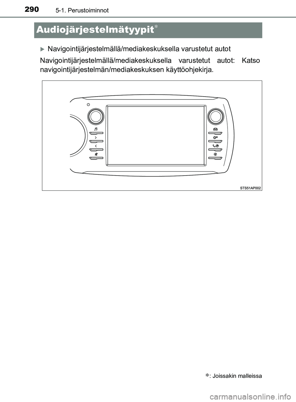 TOYOTA YARIS HATCHBACK 2017 Omistajan Käsikirja (in Finnish) 2905-1. Perustoiminnot
YARIS_HV_OM_Europe_OM52J66FI
Audiojärjestelmätyypit∗
Navigointijärjestelmällä/mediakeskuksella varustetut autot
Navigointijärjestelmällä/mediakesku ksella varustetu TOYOTA YARIS HATCHBACK 2017 Omistajan Käsikirja (in Finnish) 2905-1. Perustoiminnot
YARIS_HV_OM_Europe_OM52J66FI
Audiojärjestelmätyypit∗
Navigointijärjestelmällä/mediakeskuksella varustetut autot
Navigointijärjestelmällä/mediakesku ksella varustetu