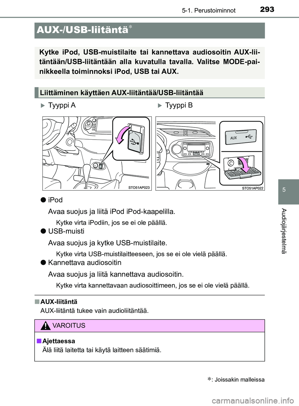TOYOTA YARIS HATCHBACK 2017 Omistajan Käsikirja (in Finnish) 293
5
5-1. Perustoiminnot
Audiojärjestelmä
YARIS_HV_OM_Europe_OM52J66FI
AUX-/USB-liitäntä∗
liPod
Avaa suojus ja liit ä iPod iPod-kaapelilla.
Kytke virta iPodiin, jos se ei ole päällä.
lUSB-m TOYOTA YARIS HATCHBACK 2017 Omistajan Käsikirja (in Finnish) 293
5
5-1. Perustoiminnot
Audiojärjestelmä
YARIS_HV_OM_Europe_OM52J66FI
AUX-/USB-liitäntä∗
liPod
Avaa suojus ja liit ä iPod iPod-kaapelilla.
Kytke virta iPodiin, jos se ei ole päällä.
lUSB-m
