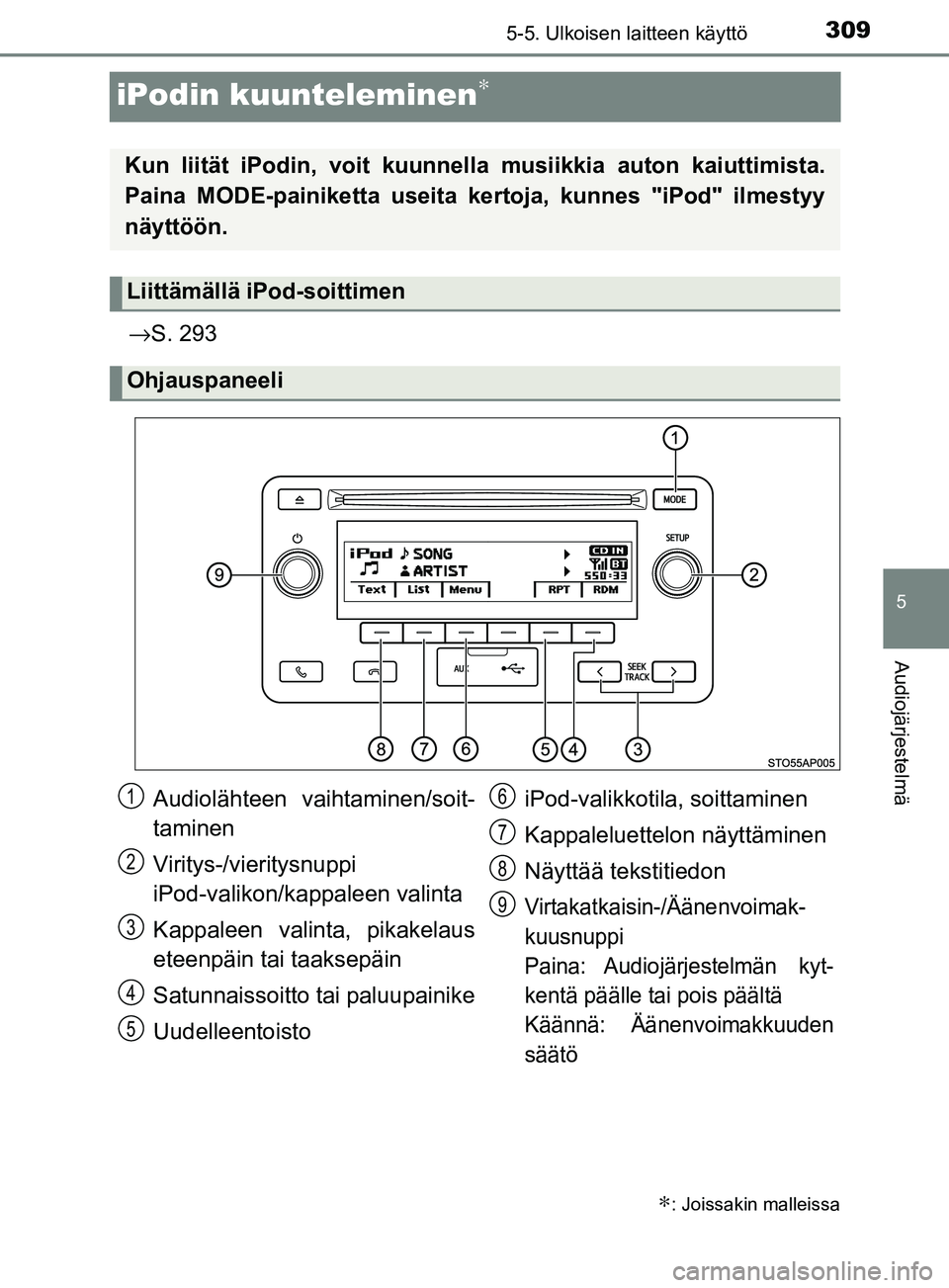 TOYOTA YARIS HATCHBACK 2017 Omistajan Käsikirja (in Finnish) 309
5
5-5. Ulkoisen laitteen käyttö
Audiojärjestelmä
YARIS_HV_OM_Europe_OM52J66FI
iPodin kuunteleminen∗
→S. 293
∗: Joissakin malleissa
Kun liität iPodin, voit kuunnella musiikkia auton kai TOYOTA YARIS HATCHBACK 2017 Omistajan Käsikirja (in Finnish) 309
5
5-5. Ulkoisen laitteen käyttö
Audiojärjestelmä
YARIS_HV_OM_Europe_OM52J66FI
iPodin kuunteleminen∗
→S. 293
∗: Joissakin malleissa
Kun liität iPodin, voit kuunnella musiikkia auton kai