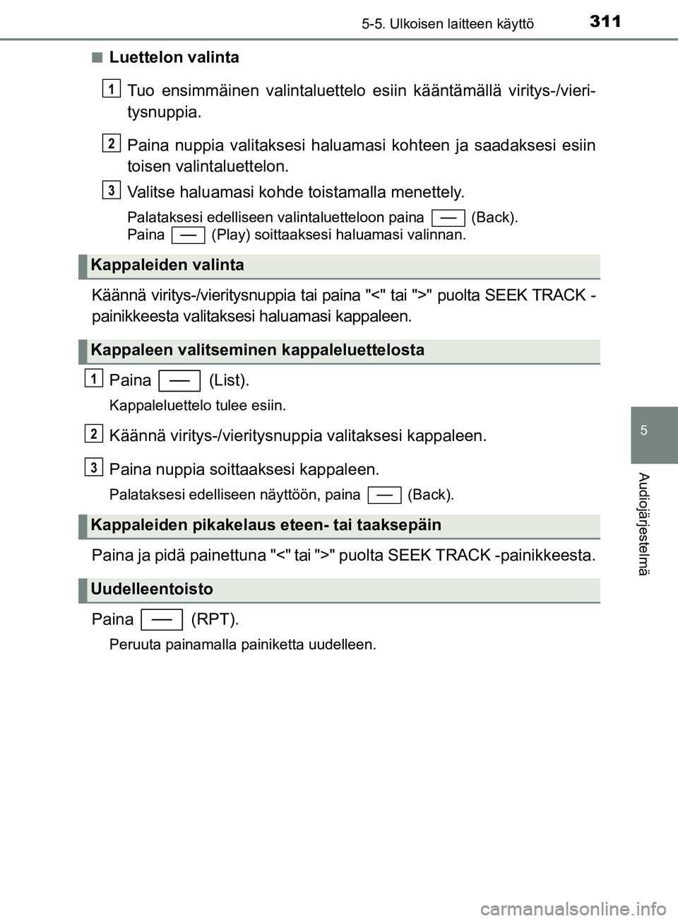 TOYOTA YARIS HATCHBACK 2017 Omistajan Käsikirja (in Finnish) 3115-5. Ulkoisen laitteen käyttö
5
Audiojärjestelmä
YARIS_HV_OM_Europe_OM52J66FIn
Luettelon valinta
Tuo ensimmäinen valintaluettelo es iin kääntämällä viritys-/vieri-
tysnuppia.
Paina nuppia TOYOTA YARIS HATCHBACK 2017 Omistajan Käsikirja (in Finnish) 3115-5. Ulkoisen laitteen käyttö
5
Audiojärjestelmä
YARIS_HV_OM_Europe_OM52J66FIn
Luettelon valinta
Tuo ensimmäinen valintaluettelo es iin kääntämällä viritys-/vieri-
tysnuppia.
Paina nuppia