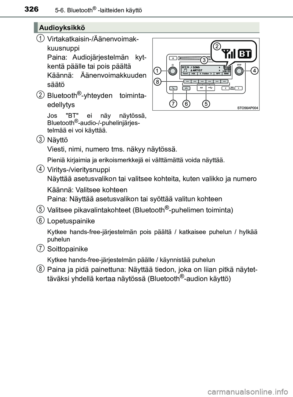 TOYOTA YARIS HATCHBACK 2017 Omistajan Käsikirja (in Finnish) 3265-6. Bluetooth® -laitteiden käyttö
YARIS_HV_OM_Europe_OM52J66FI
Virtakatkaisin-/Äänenvoimak-
kuusnuppi
Paina: Audiojärjestelmän kyt-
kentä päälle tai pois päältä
Käännä: Äänenvoi TOYOTA YARIS HATCHBACK 2017 Omistajan Käsikirja (in Finnish) 3265-6. Bluetooth® -laitteiden käyttö
YARIS_HV_OM_Europe_OM52J66FI
Virtakatkaisin-/Äänenvoimak-
kuusnuppi
Paina: Audiojärjestelmän kyt-
kentä päälle tai pois päältä
Käännä: Äänenvoi
