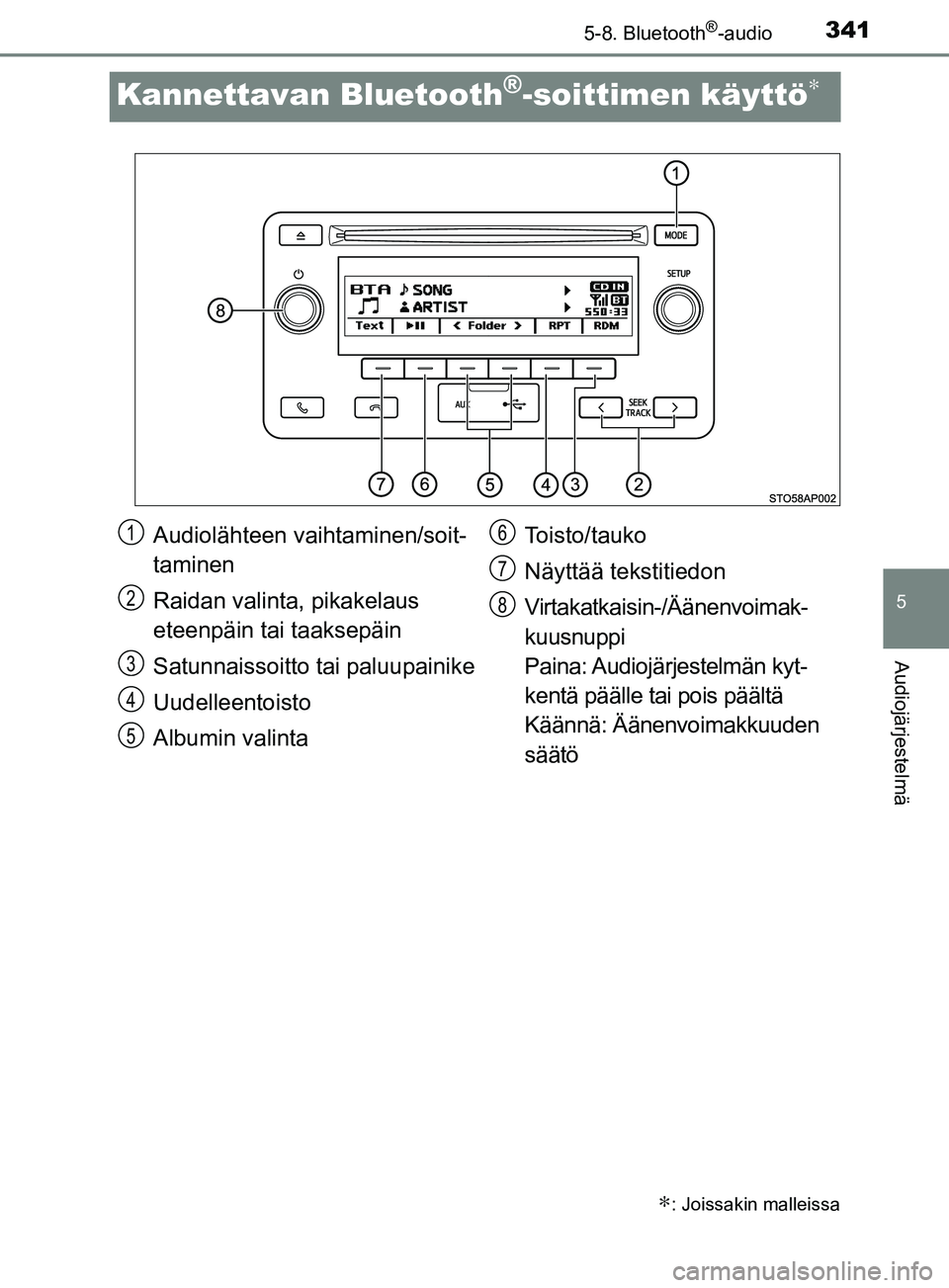 TOYOTA YARIS HATCHBACK 2017 Omistajan Käsikirja (in Finnish) 3415-8. Bluetooth®-audio
5
Audiojärjestelmä
YARIS_HV_OM_Europe_OM52J66FI
Kannettavan Bluetooth®-soittimen käyttö∗
∗: Joissakin malleissa
Audiolähteen vaihtaminen/soit-
taminen
Raidan valint TOYOTA YARIS HATCHBACK 2017 Omistajan Käsikirja (in Finnish) 3415-8. Bluetooth®-audio
5
Audiojärjestelmä
YARIS_HV_OM_Europe_OM52J66FI
Kannettavan Bluetooth®-soittimen käyttö∗
∗: Joissakin malleissa
Audiolähteen vaihtaminen/soit-
taminen
Raidan valint