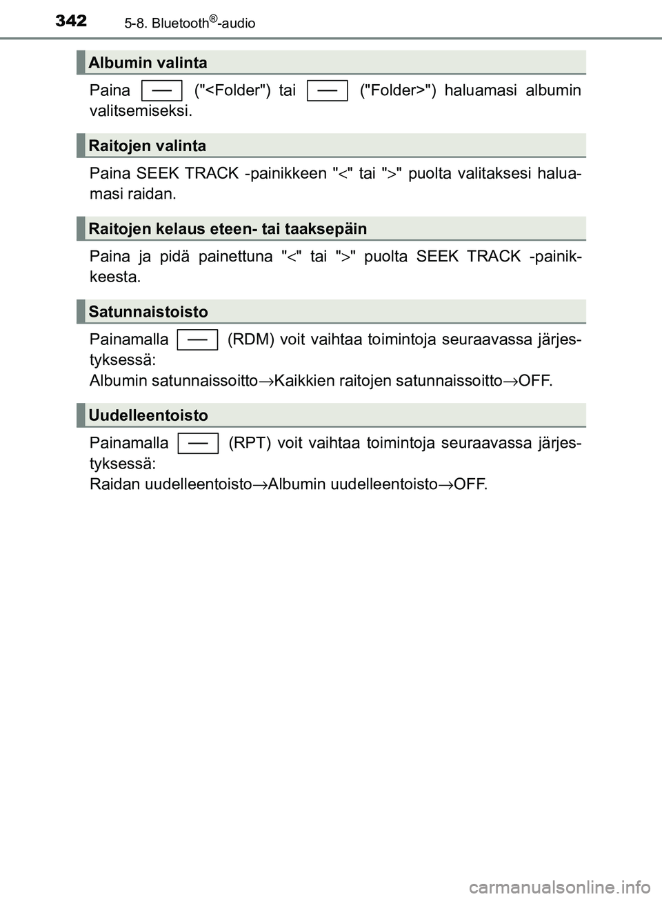 TOYOTA YARIS HATCHBACK 2017 Omistajan Käsikirja (in Finnish) 3425-8. Bluetooth®-audio
YARIS_HV_OM_Europe_OM52J66FI
Paina ("<Folder") tai ("Folder>") haluamasi albumin
valitsemiseksi.
Paina SEEK TRACK -painikkeen "<" tai ">" puolta valitaksesi halua-
masi r TOYOTA YARIS HATCHBACK 2017 Omistajan Käsikirja (in Finnish) 3425-8. Bluetooth®-audio
YARIS_HV_OM_Europe_OM52J66FI
Paina ("<Folder") tai ("Folder>") haluamasi albumin
valitsemiseksi.
Paina SEEK TRACK -painikkeen "<" tai ">" puolta valitaksesi halua-
masi r