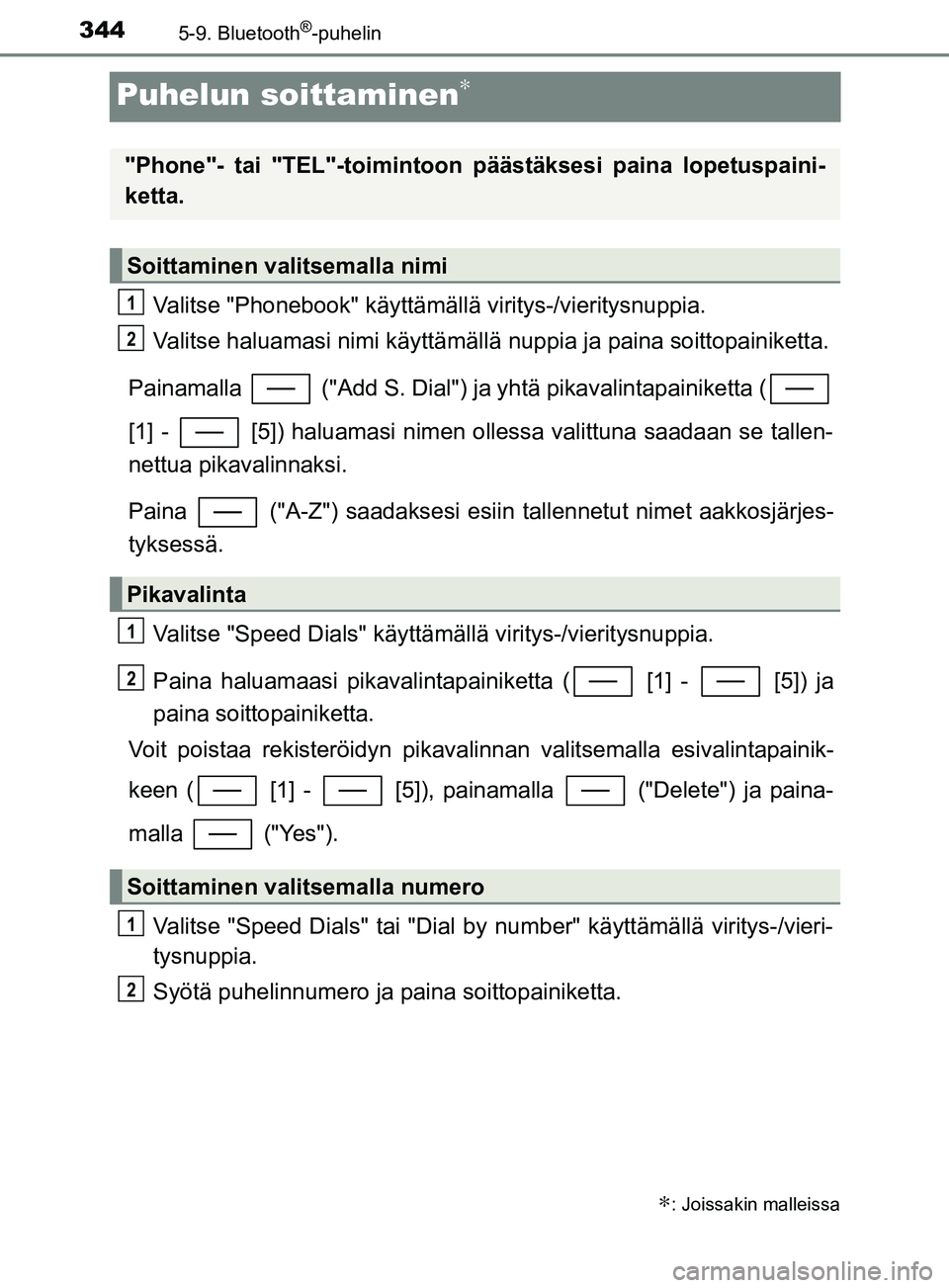TOYOTA YARIS HATCHBACK 2017 Omistajan Käsikirja (in Finnish) 3445-9. Bluetooth®-puhelin
YARIS_HV_OM_Europe_OM52J66FI
Puhelun soittaminen∗
Valitse "Phonebook" käyttämällä viritys-/vieritysnuppia.
Valitse haluamasi nimi käyttämällä nuppia ja paina soit TOYOTA YARIS HATCHBACK 2017 Omistajan Käsikirja (in Finnish) 3445-9. Bluetooth®-puhelin
YARIS_HV_OM_Europe_OM52J66FI
Puhelun soittaminen∗
Valitse "Phonebook" käyttämällä viritys-/vieritysnuppia.
Valitse haluamasi nimi käyttämällä nuppia ja paina soit