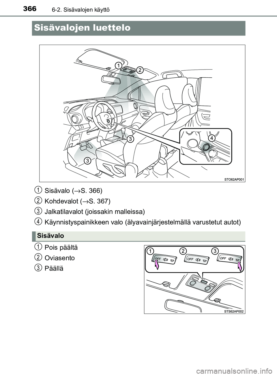 TOYOTA YARIS HATCHBACK 2017 Omistajan Käsikirja (in Finnish) 3666-2. Sisävalojen käyttö
YARIS_HV_OM_Europe_OM52J66FI
Sisävalojen luettelo
Pois päältä
Oviasento
Päällä
Sisävalo (→S. 366)
Kohdevalot ( →S. 367)
Jalkatilavalot (joi ssakin malleissa)
TOYOTA YARIS HATCHBACK 2017 Omistajan Käsikirja (in Finnish) 3666-2. Sisävalojen käyttö
YARIS_HV_OM_Europe_OM52J66FI
Sisävalojen luettelo
Pois päältä
Oviasento
Päällä
Sisävalo (→S. 366)
Kohdevalot ( →S. 367)
Jalkatilavalot (joi ssakin malleissa)