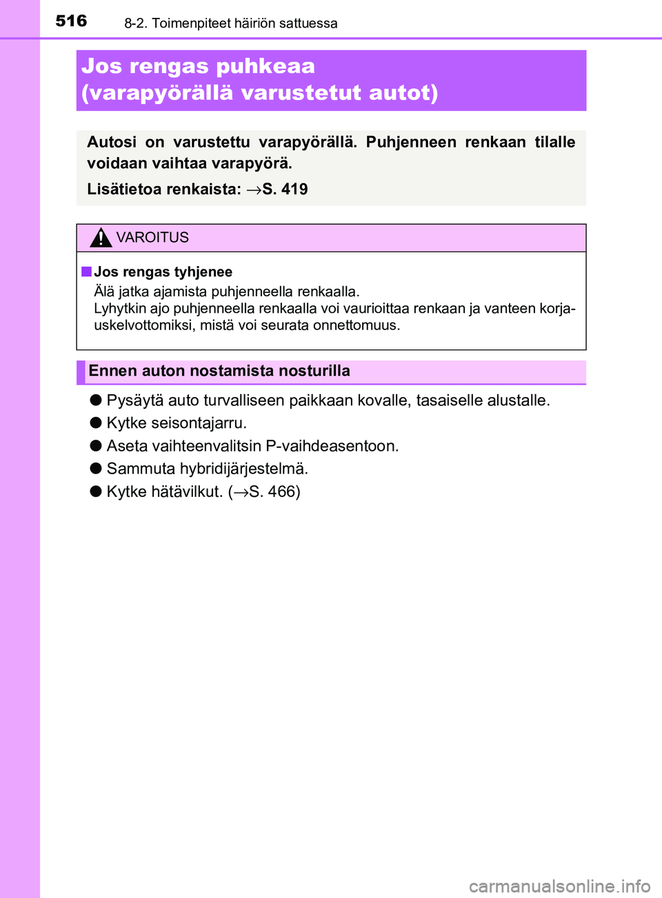 TOYOTA YARIS HATCHBACK 2017 Omistajan Käsikirja (in Finnish) 5168-2. Toimenpiteet häiriön sattuessa
YARIS_HV_OM_Europe_OM52J66FI
Jos rengas puhkeaa
(varapyörällä varustetut autot)
lPysäytä auto turvalliseen paikkaa n kovalle, tasaiselle alustalle.
l Kyt TOYOTA YARIS HATCHBACK 2017 Omistajan Käsikirja (in Finnish) 5168-2. Toimenpiteet häiriön sattuessa
YARIS_HV_OM_Europe_OM52J66FI
Jos rengas puhkeaa
(varapyörällä varustetut autot)
lPysäytä auto turvalliseen paikkaa n kovalle, tasaiselle alustalle.
l Kyt