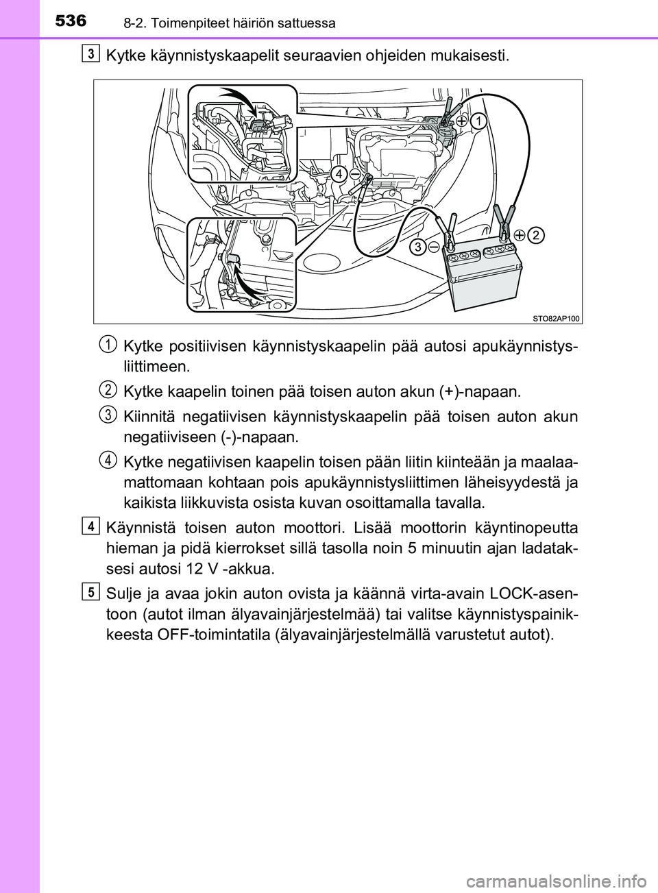 TOYOTA YARIS HATCHBACK 2017 Omistajan Käsikirja (in Finnish) 5368-2. Toimenpiteet häiriön sattuessa
YARIS_HV_OM_Europe_OM52J66FI
Kytke käynnistyskaapelit seuraavien ohjeiden mukaisesti.Kytke positiivisen käynnistyskaa pelin pää autosi apukäynnistys-
liit TOYOTA YARIS HATCHBACK 2017 Omistajan Käsikirja (in Finnish) 5368-2. Toimenpiteet häiriön sattuessa
YARIS_HV_OM_Europe_OM52J66FI
Kytke käynnistyskaapelit seuraavien ohjeiden mukaisesti.Kytke positiivisen käynnistyskaa pelin pää autosi apukäynnistys-
liit