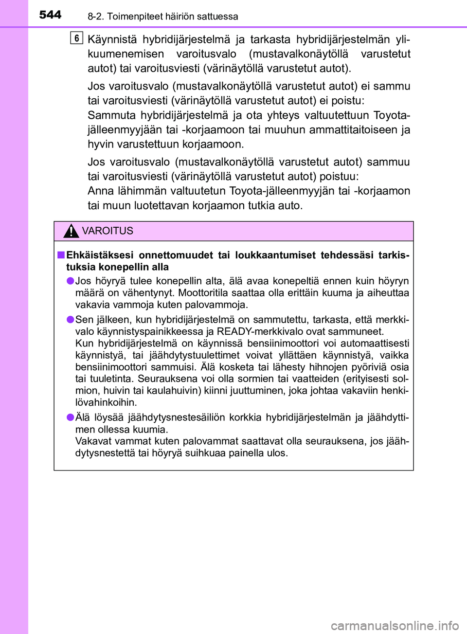 TOYOTA YARIS HATCHBACK 2017 Omistajan Käsikirja (in Finnish) 5448-2. Toimenpiteet häiriön sattuessa
YARIS_HV_OM_Europe_OM52J66FI
Käynnistä hybridijärjestelmä ja tarkasta hybridijärjestelmän yli-
kuumenemisen varoitusvalo (mustavalkonäytöllä varustetu TOYOTA YARIS HATCHBACK 2017 Omistajan Käsikirja (in Finnish) 5448-2. Toimenpiteet häiriön sattuessa
YARIS_HV_OM_Europe_OM52J66FI
Käynnistä hybridijärjestelmä ja tarkasta hybridijärjestelmän yli-
kuumenemisen varoitusvalo (mustavalkonäytöllä varustetu