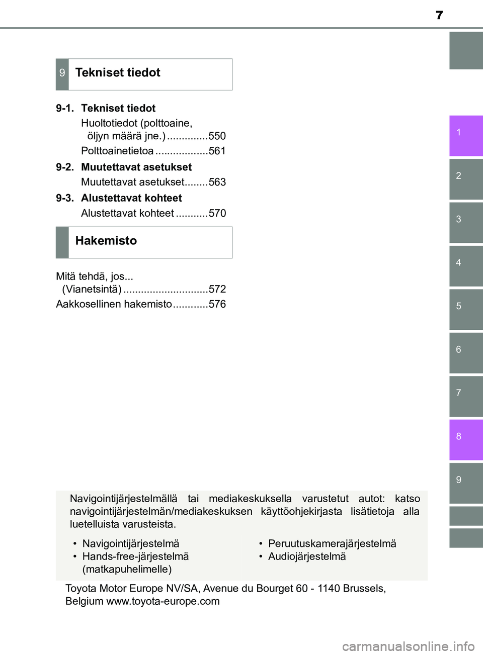 TOYOTA YARIS HATCHBACK 2017  Omistajan Käsikirja (in Finnish) 7
1
7
8 6 5
4
3
2
9
YARIS_HV_OM_Europe_OM52J66FI9-1. Tekniset tiedot
Huoltotiedot (polttoaine, öljyn määrä jne.) ..............550
Polttoainetietoa ..................561
9-2. Muutettavat asetukset