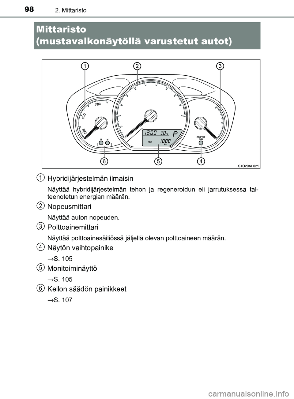 TOYOTA YARIS HATCHBACK 2017 Omistajan Käsikirja (in Finnish) 982. Mittaristo
YARIS_HV_OM_Europe_OM52J66FI
Mittaristo
(mustavalkonäytöllä varustetut autot)
Hybridijärjestelmän ilmaisin
Näyttää hybridijärjestelmän tehon ja regeneroidun eli jarrutuksess TOYOTA YARIS HATCHBACK 2017 Omistajan Käsikirja (in Finnish) 982. Mittaristo
YARIS_HV_OM_Europe_OM52J66FI
Mittaristo
(mustavalkonäytöllä varustetut autot)
Hybridijärjestelmän ilmaisin
Näyttää hybridijärjestelmän tehon ja regeneroidun eli jarrutuksess