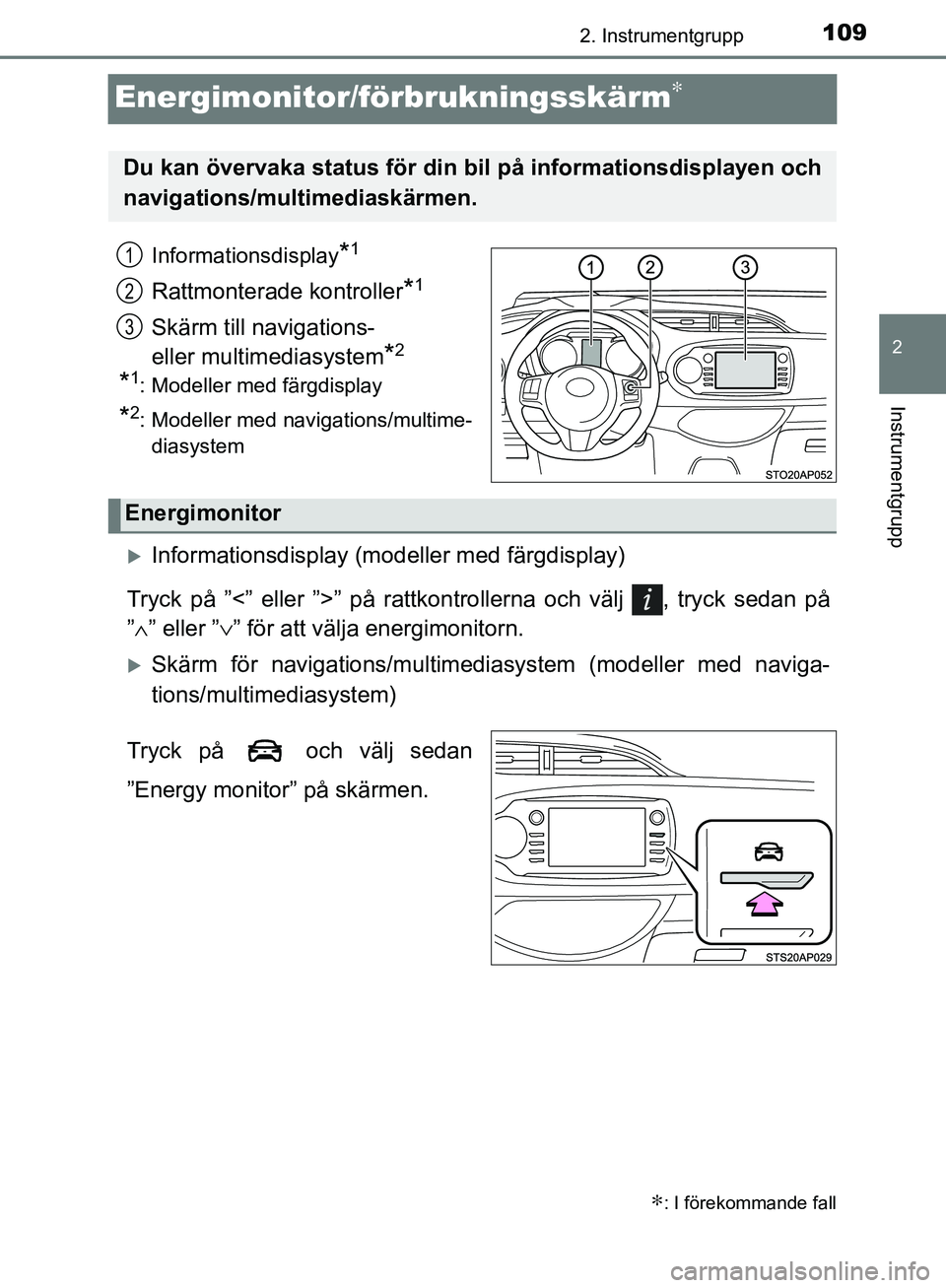 TOYOTA YARIS HATCHBACK 2017  Bruksanvisningar (in Swedish) 109
2
2. Instrumentgrupp
Instrumentgrupp
YARIS_HV_OM_Europe_OM52J66SE
Energimonitor/förbrukningsskärm∗
Informationsdisplay*1
Rattmonterade kontroller*1
Skärm till navigations- 
eller multimediasy