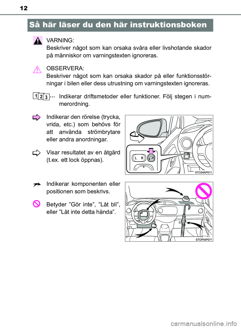 TOYOTA YARIS HATCHBACK 2017  Bruksanvisningar (in Swedish) 12
YARIS_HV_OM_Europe_OM52J66SE
Så här läser du den här instruktionsboken
VA R N I N G :  
Beskriver något som kan orsaka svåra eller livshotande skador
på människor om varningstexten ignorera