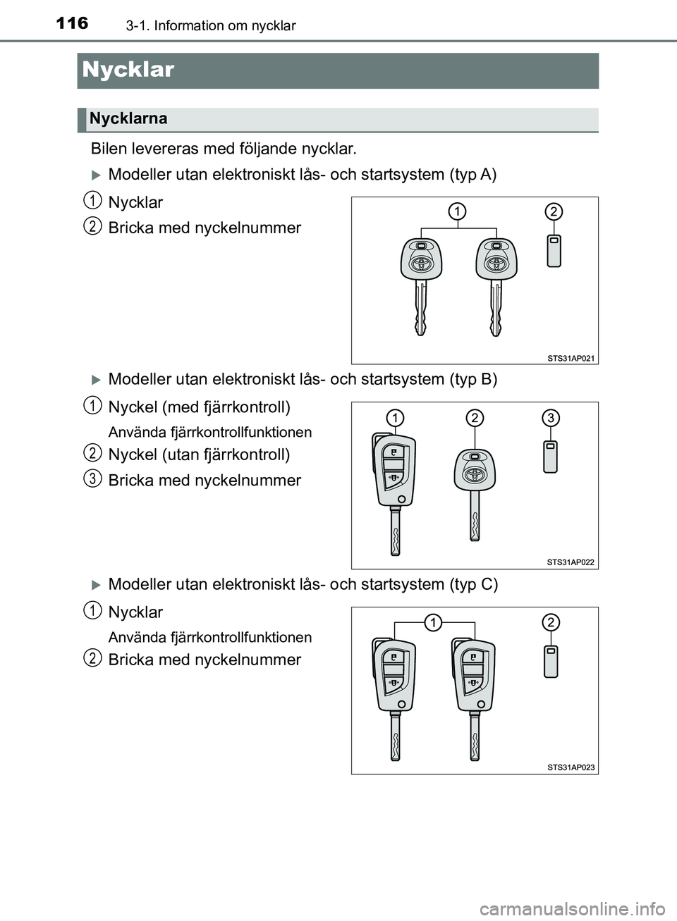 TOYOTA YARIS HATCHBACK 2017 Bruksanvisningar (in Swedish) 1163-1. Information om nycklar
YARIS_HV_OM_Europe_OM52J66SE
Nycklar
Bilen levereras med följande nycklar.
Modeller utan elektroniskt lås- och startsystem (typ A)
Nycklar
Bricka med nyckelnummer
TOYOTA YARIS HATCHBACK 2017 Bruksanvisningar (in Swedish) 1163-1. Information om nycklar
YARIS_HV_OM_Europe_OM52J66SE
Nycklar
Bilen levereras med följande nycklar.
Modeller utan elektroniskt lås- och startsystem (typ A)
Nycklar
Bricka med nyckelnummer