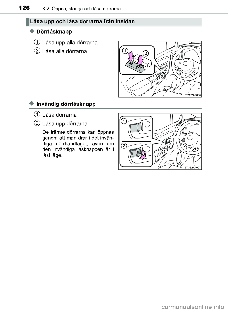 TOYOTA YARIS HATCHBACK 2017 Bruksanvisningar (in Swedish) 1263-2. Öppna, stänga och låsa dörrarna
YARIS_HV_OM_Europe_OM52J66SE
uDörrlåsknappLåsa upp alla dörrarna
Låsa alla dörrarna
uInvändig dörrlåsknappLåsa dörrarna
Låsa upp dörrarna
De fr TOYOTA YARIS HATCHBACK 2017 Bruksanvisningar (in Swedish) 1263-2. Öppna, stänga och låsa dörrarna
YARIS_HV_OM_Europe_OM52J66SE
uDörrlåsknappLåsa upp alla dörrarna
Låsa alla dörrarna
uInvändig dörrlåsknappLåsa dörrarna
Låsa upp dörrarna
De fr