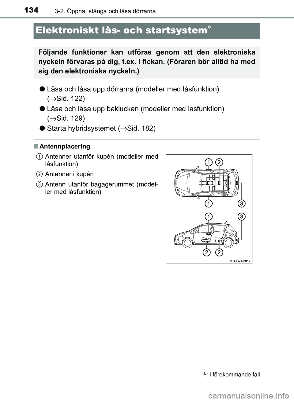 TOYOTA YARIS HATCHBACK 2017  Bruksanvisningar (in Swedish) 1343-2. Öppna, stänga och låsa dörrarna
YARIS_HV_OM_Europe_OM52J66SE
Elektroniskt lås- och startsystem∗
lLåsa och låsa upp dörrarna (modeller med låsfunktion) 
(→ Sid. 122)
l Låsa och l