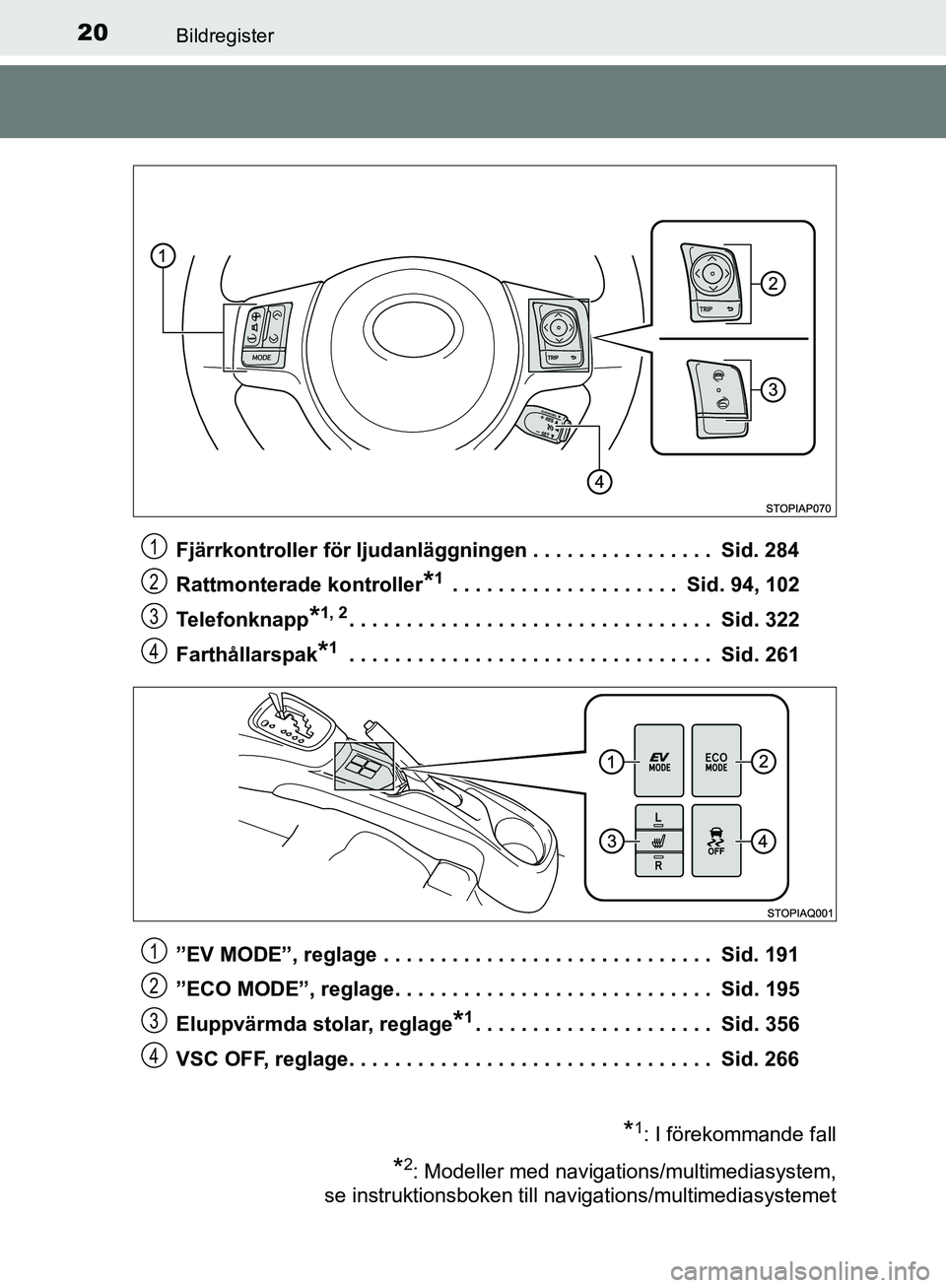 TOYOTA YARIS HATCHBACK 2017  Bruksanvisningar (in Swedish) 20Bildregister
YARIS_HV_OM_Europe_OM52J66SEFjärrkontroller för ljudanläggningen . . . . . . . . . . . . . . . .  Sid. 284
Rattmonterade 
kontroller
*1 . . . . . . . . . . . . . . . . . . . .  Sid. 