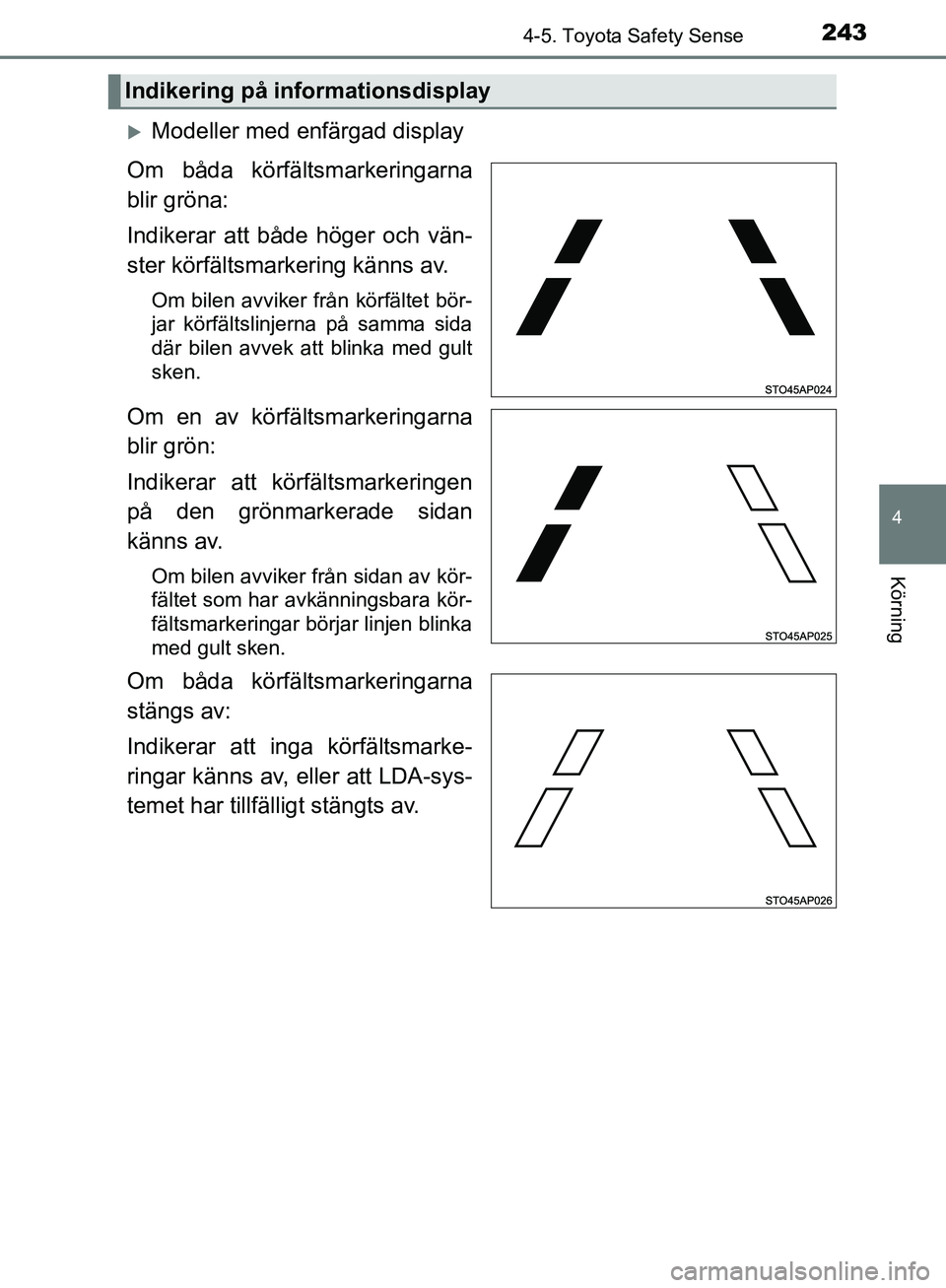 TOYOTA YARIS HATCHBACK 2017 Bruksanvisningar (in Swedish) 2434-5. Toyota Safety Sense
4
Körning
YARIS_HV_OM_Europe_OM52J66SE
Modeller med enfärgad display
Om båda körfältsmarkeringarna
blir gröna:
Indikerar att både höger och vän-
ster körfälts TOYOTA YARIS HATCHBACK 2017 Bruksanvisningar (in Swedish) 2434-5. Toyota Safety Sense
4
Körning
YARIS_HV_OM_Europe_OM52J66SE
Modeller med enfärgad display
Om båda körfältsmarkeringarna
blir gröna:
Indikerar att både höger och vän-
ster körfälts