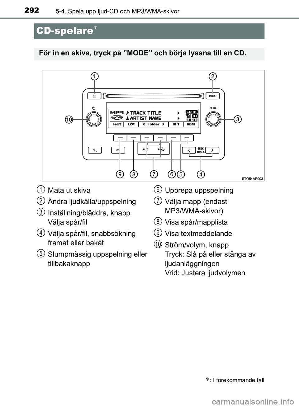TOYOTA YARIS HATCHBACK 2017  Bruksanvisningar (in Swedish) 2925-4. Spela upp ljud-CD och MP3/WMA-skivor
YARIS_HV_OM_Europe_OM52J66SE
CD-spelare∗
∗: I förekommande fall
För in en skiva, tryck på ”MODE” och börja lyssna till en CD.
Mata ut skiva
Än