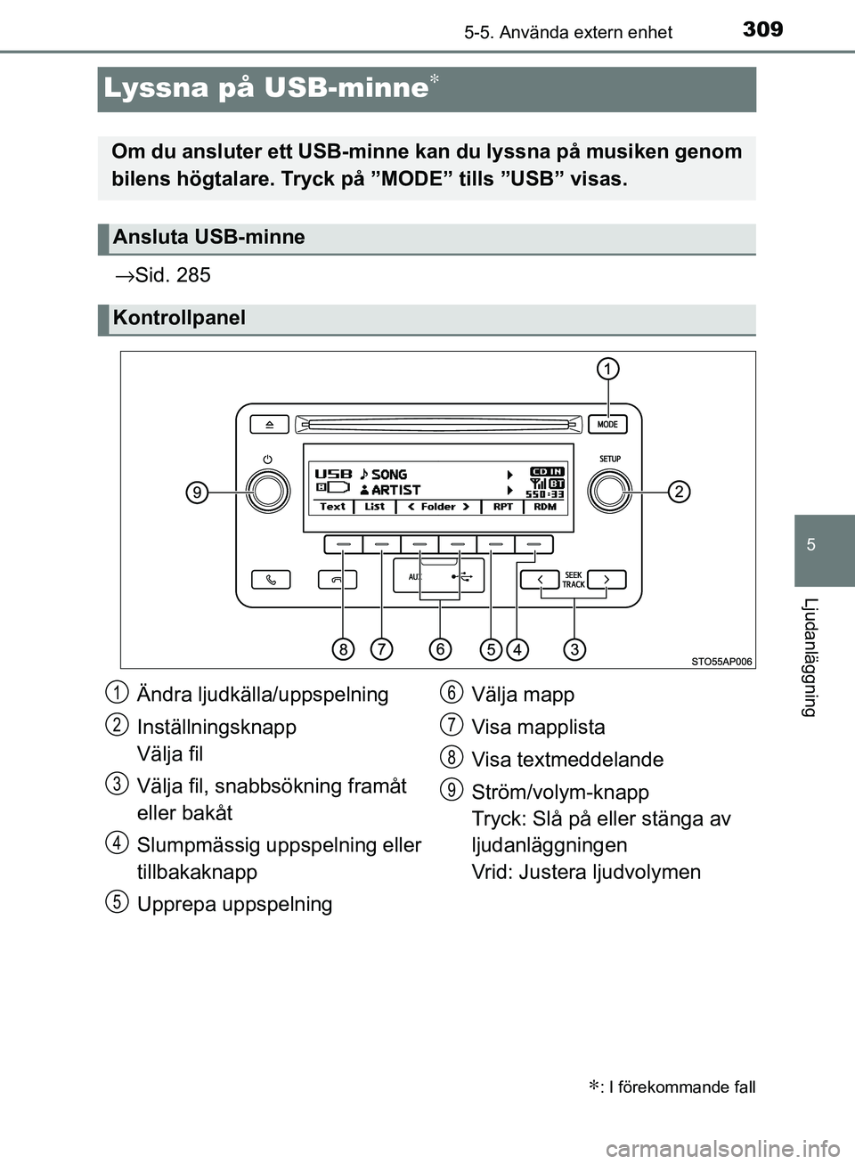 TOYOTA YARIS HATCHBACK 2017  Bruksanvisningar (in Swedish) 309
5
5-5. Använda extern enhet
Ljudanläggning
YARIS_HV_OM_Europe_OM52J66SE
Lyssna på USB-minne∗
→Sid. 285
∗: I förekommande fall
Om du ansluter ett USB-minne  kan du lyssna på musiken geno