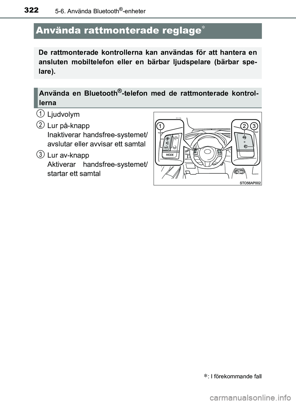 TOYOTA YARIS HATCHBACK 2017  Bruksanvisningar (in Swedish) 3225-6. Använda Bluetooth®-enheter
YARIS_HV_OM_Europe_OM52J66SE
Använda rattmonterade reglage∗
Ljudvolym
Lur på-knapp
Inaktiverar handsfree-systemet/
avslutar eller avvisar ett samtal
Lur av-kna