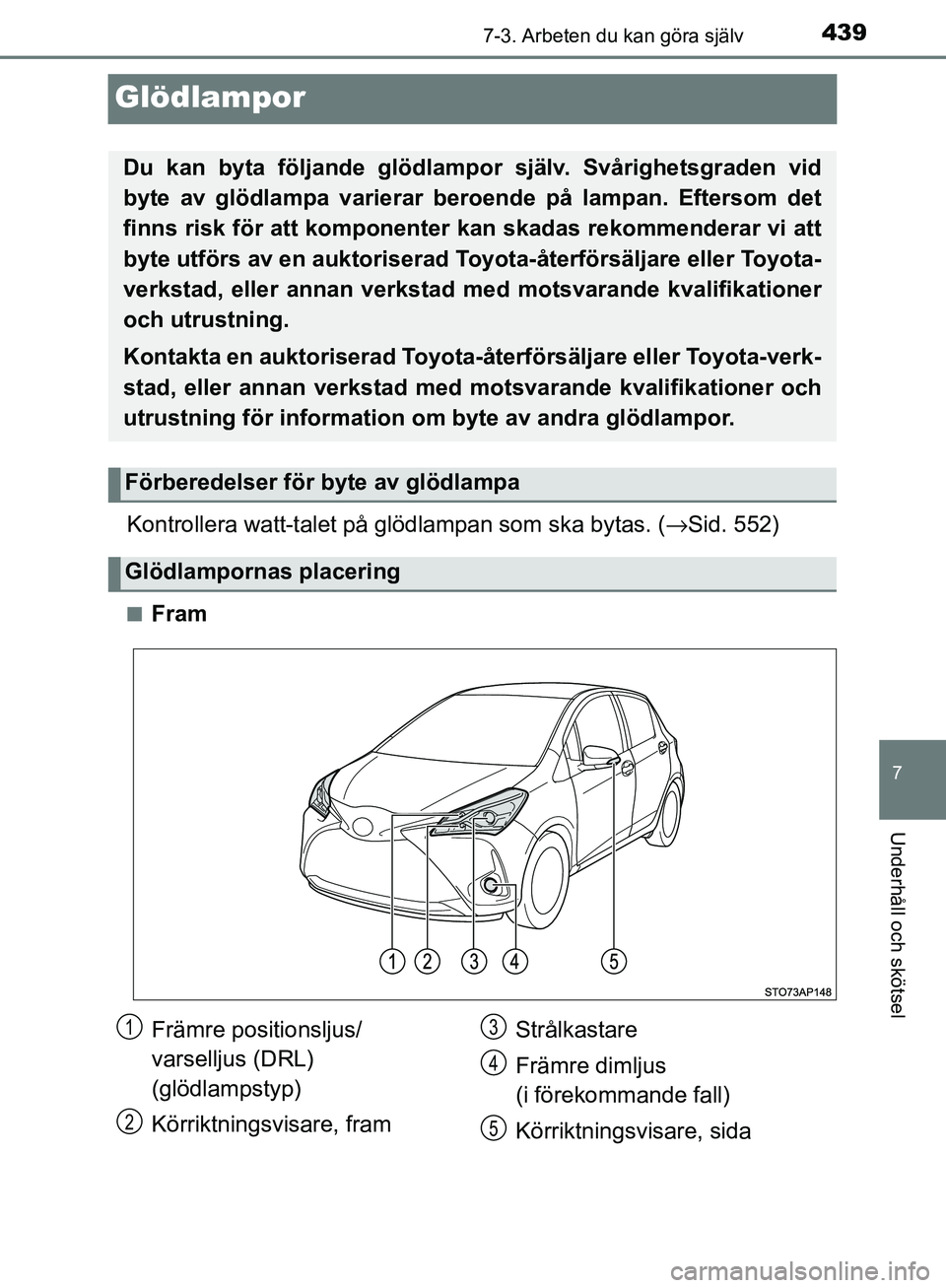TOYOTA YARIS HATCHBACK 2017  Bruksanvisningar (in Swedish) 4397-3. Arbeten du kan göra själv
7
Underhåll och skötsel
YARIS_HV_OM_Europe_OM52J66SE
Glödlampor
Kontrollera watt-talet på glödlampan som ska bytas. (→Sid. 552)
nFram
Du kan byta följande g