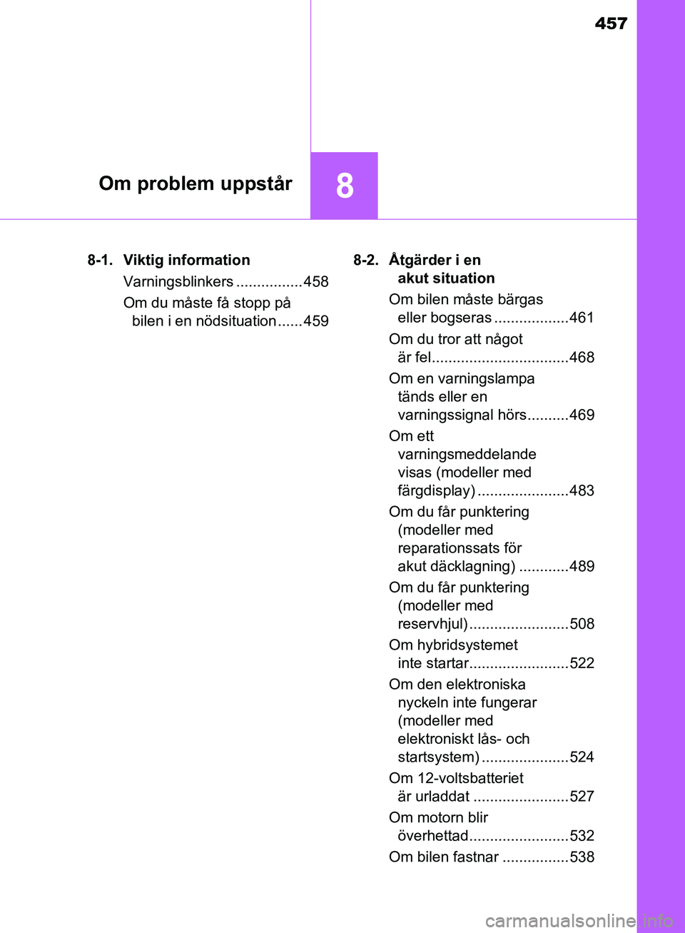 TOYOTA YARIS HATCHBACK 2017 Bruksanvisningar (in Swedish) 457
8Om problem uppstår
YARIS_HV_OM_Europe_OM52J66SE8-1. Viktig information
Varningsblinkers ................ 458
Om du måste få stopp på bilen i en nödsituation ...... 459 8-2. Åtgärder i en
TOYOTA YARIS HATCHBACK 2017 Bruksanvisningar (in Swedish) 457
8Om problem uppstår
YARIS_HV_OM_Europe_OM52J66SE8-1. Viktig information
Varningsblinkers ................ 458
Om du måste få stopp på bilen i en nödsituation ...... 459 8-2. Åtgärder i en