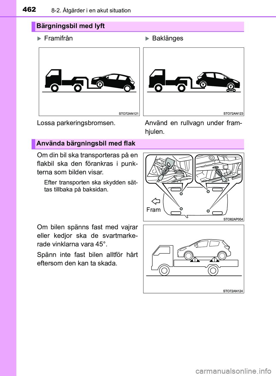 TOYOTA YARIS HATCHBACK 2017 Bruksanvisningar (in Swedish) 4628-2. Åtgärder i en akut situation
YARIS_HV_OM_Europe_OM52J66SE
Om din bil ska transporteras på en
flakbil ska den förankras i punk-
terna som bilden visar.
Efter transporten ska skydden sät-
t TOYOTA YARIS HATCHBACK 2017 Bruksanvisningar (in Swedish) 4628-2. Åtgärder i en akut situation
YARIS_HV_OM_Europe_OM52J66SE
Om din bil ska transporteras på en
flakbil ska den förankras i punk-
terna som bilden visar.
Efter transporten ska skydden sät-
t