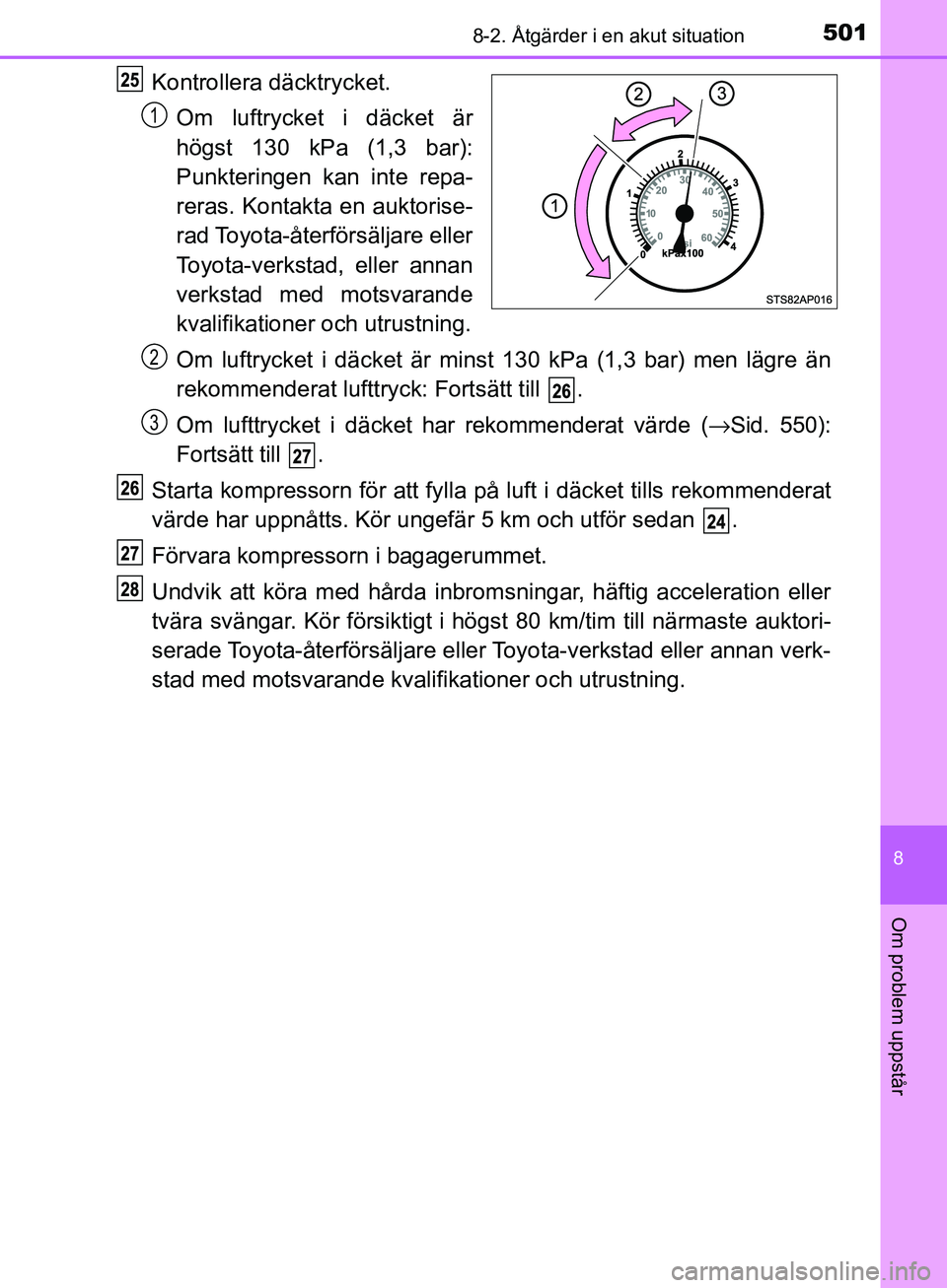 TOYOTA YARIS HATCHBACK 2017  Bruksanvisningar (in Swedish) 5018-2. Åtgärder i en akut situation
8
Om problem uppstår
YARIS_HV_OM_Europe_OM52J66SE
Kontrollera däcktrycket.
Om luftrycket i däcket är
högst 130 kPa (1,3 bar):
Punkteringen kan inte repa-
re