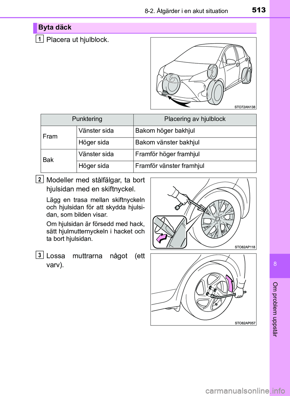 TOYOTA YARIS HATCHBACK 2017 Bruksanvisningar (in Swedish) 5138-2. Åtgärder i en akut situation
8
Om problem uppstår
YARIS_HV_OM_Europe_OM52J66SE
Placera ut hjulblock.
Modeller med stålfälgar, ta bort
hjulsidan med en skiftnyckel.
Lägg en trasa mellan s TOYOTA YARIS HATCHBACK 2017 Bruksanvisningar (in Swedish) 5138-2. Åtgärder i en akut situation
8
Om problem uppstår
YARIS_HV_OM_Europe_OM52J66SE
Placera ut hjulblock.
Modeller med stålfälgar, ta bort
hjulsidan med en skiftnyckel.
Lägg en trasa mellan s
